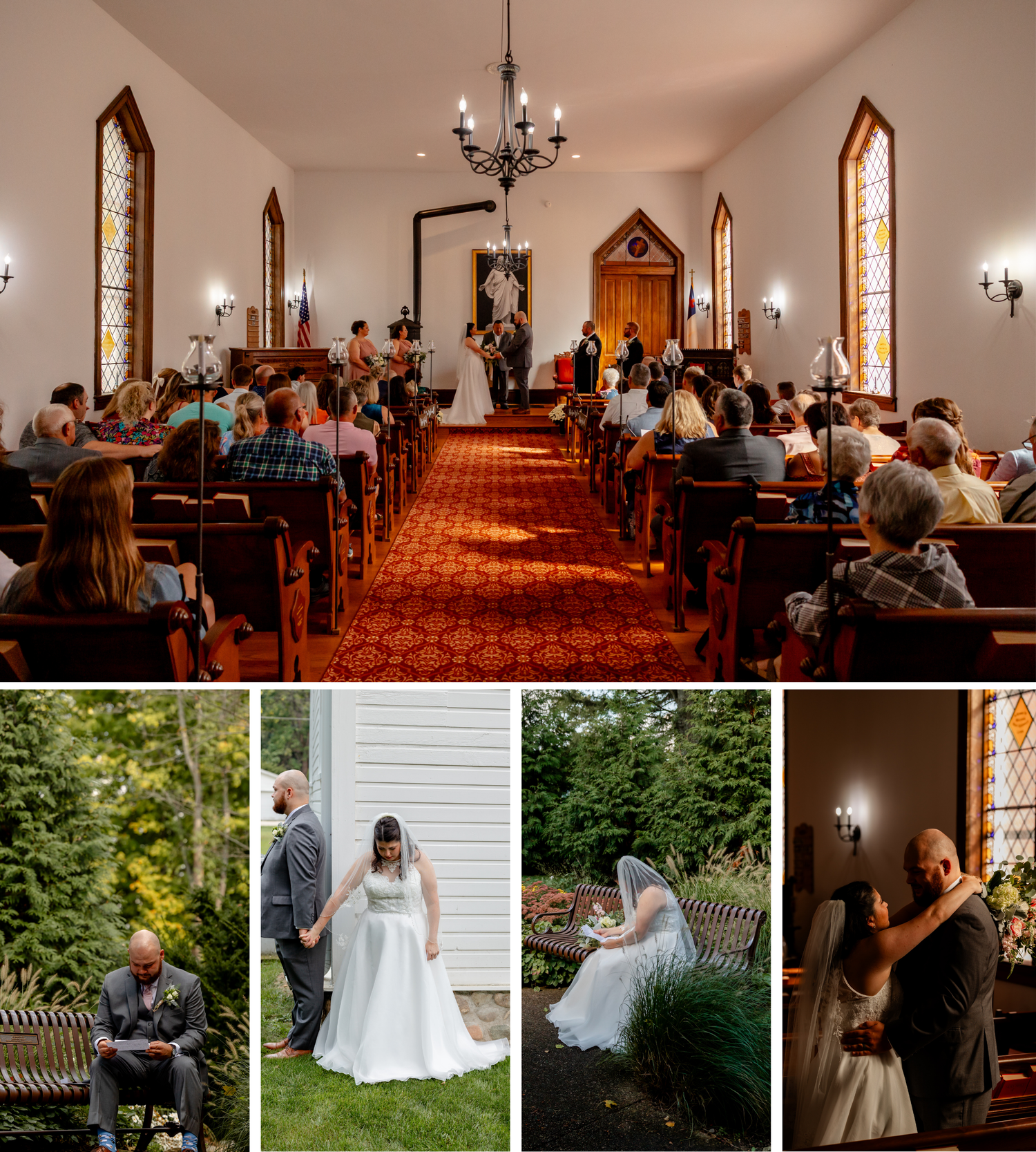 Wedding guests seated in church pews during ceremony with sunlight streaming through stained glass windows.