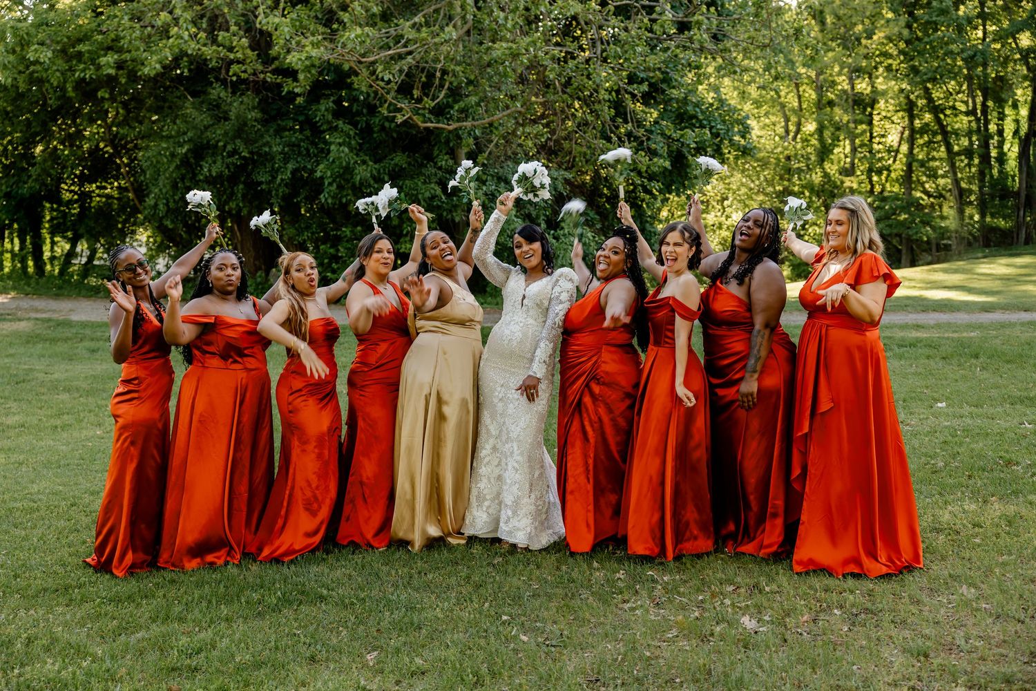 Bridal Party in fall vibrant bridesmaid dresses