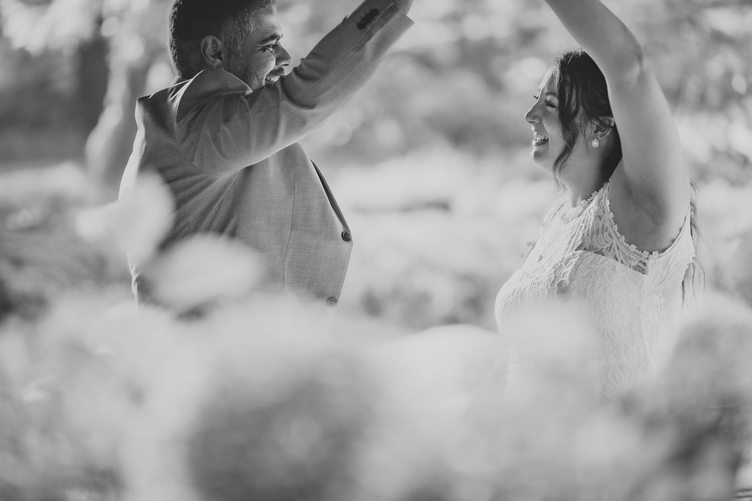 Artistic black and white sequence of romantic wedding moments captured in soft focus.