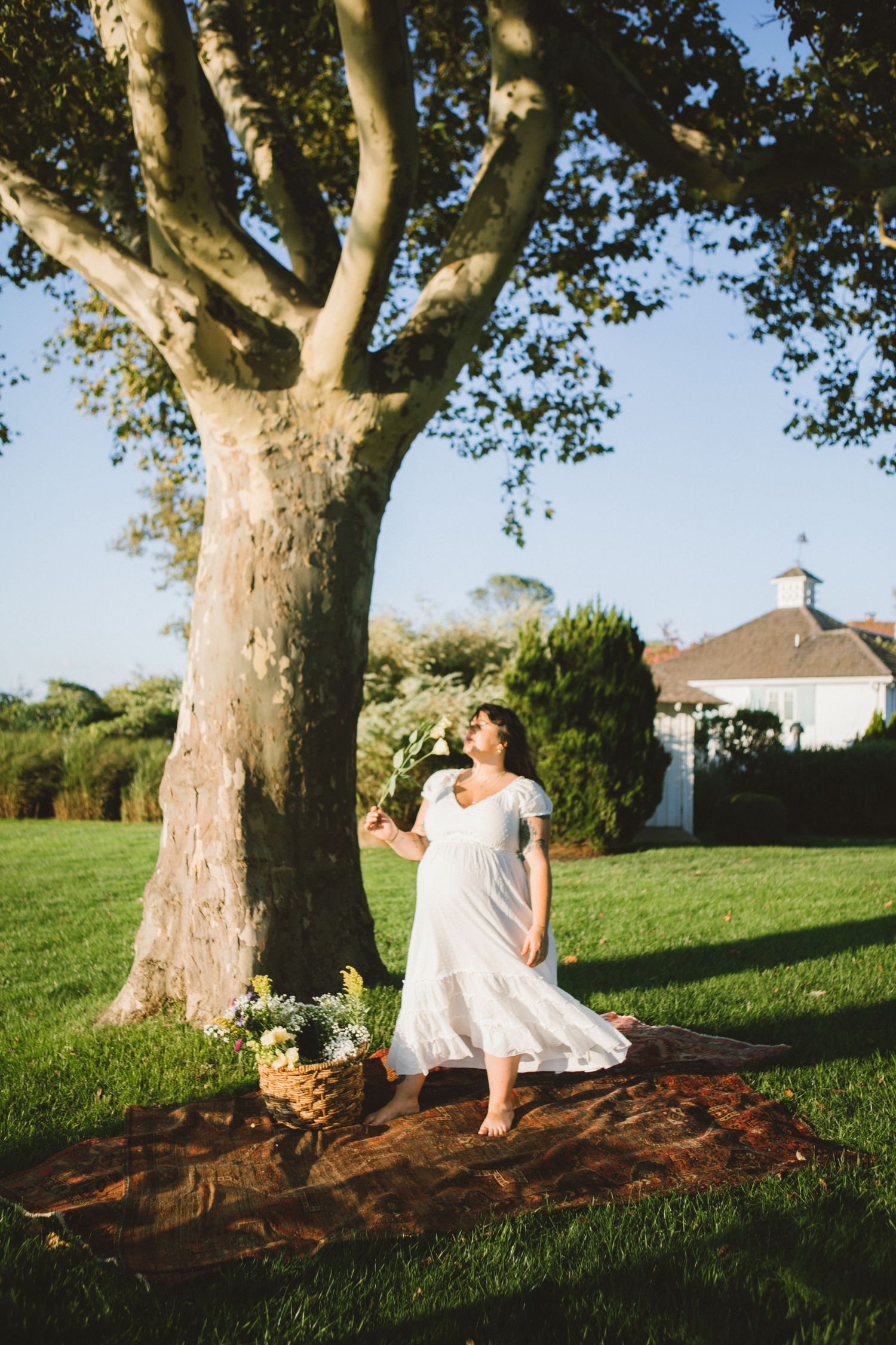 Outdoor photoshoot sequence under a large tree in natural sunlight.