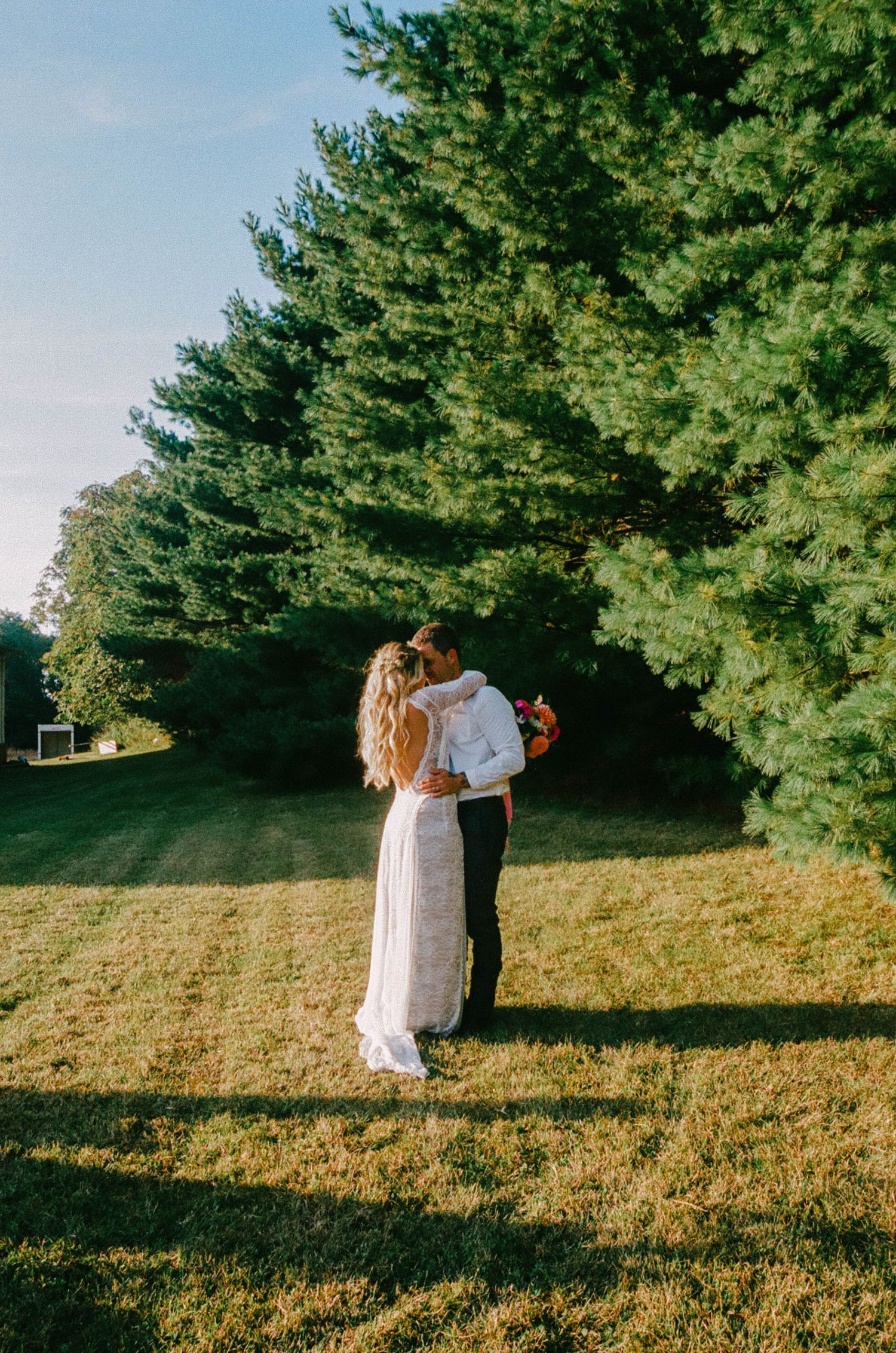 A couple embraces in a sunny field with pine trees in the background.