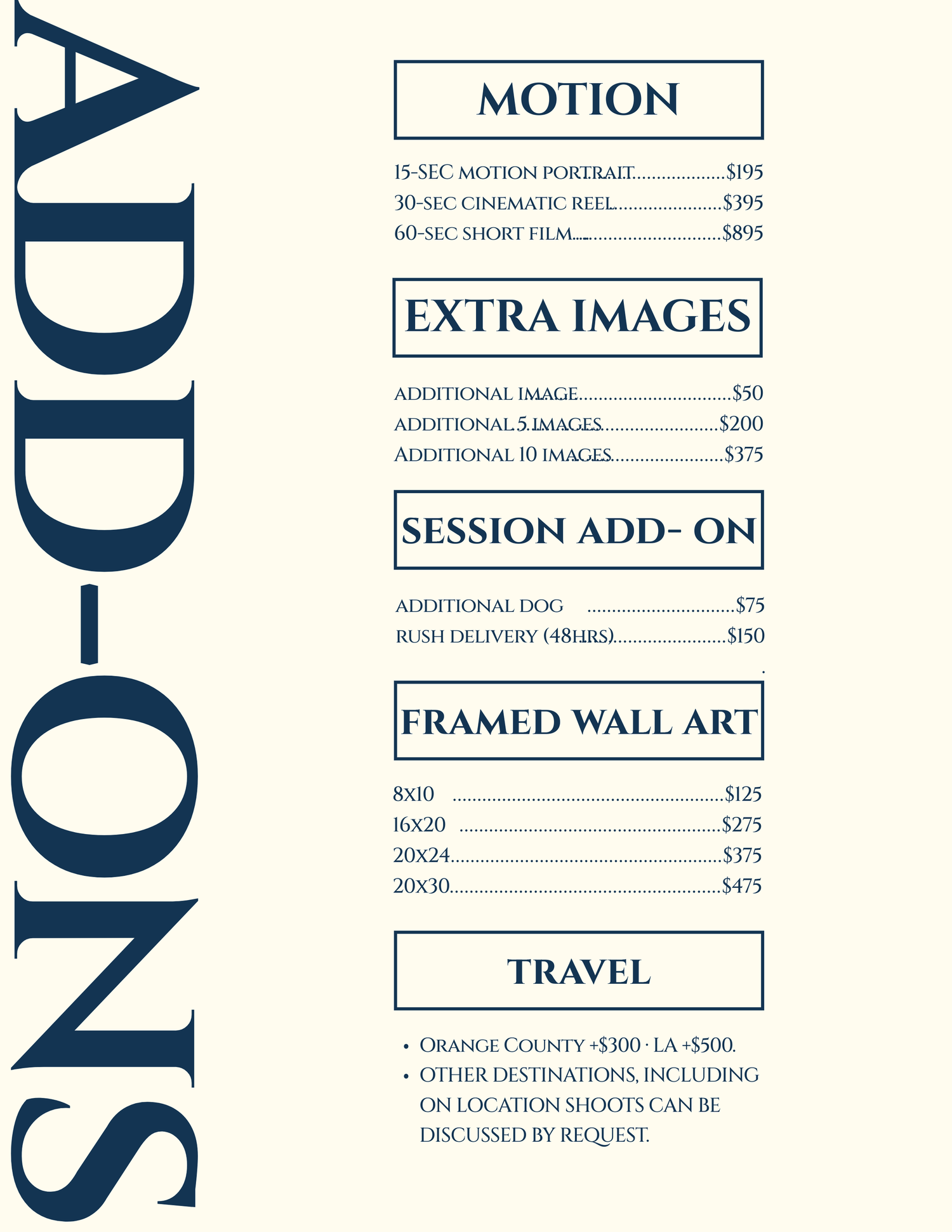 A professional photography price list template showing various service packages and add-on options in blue and white design.