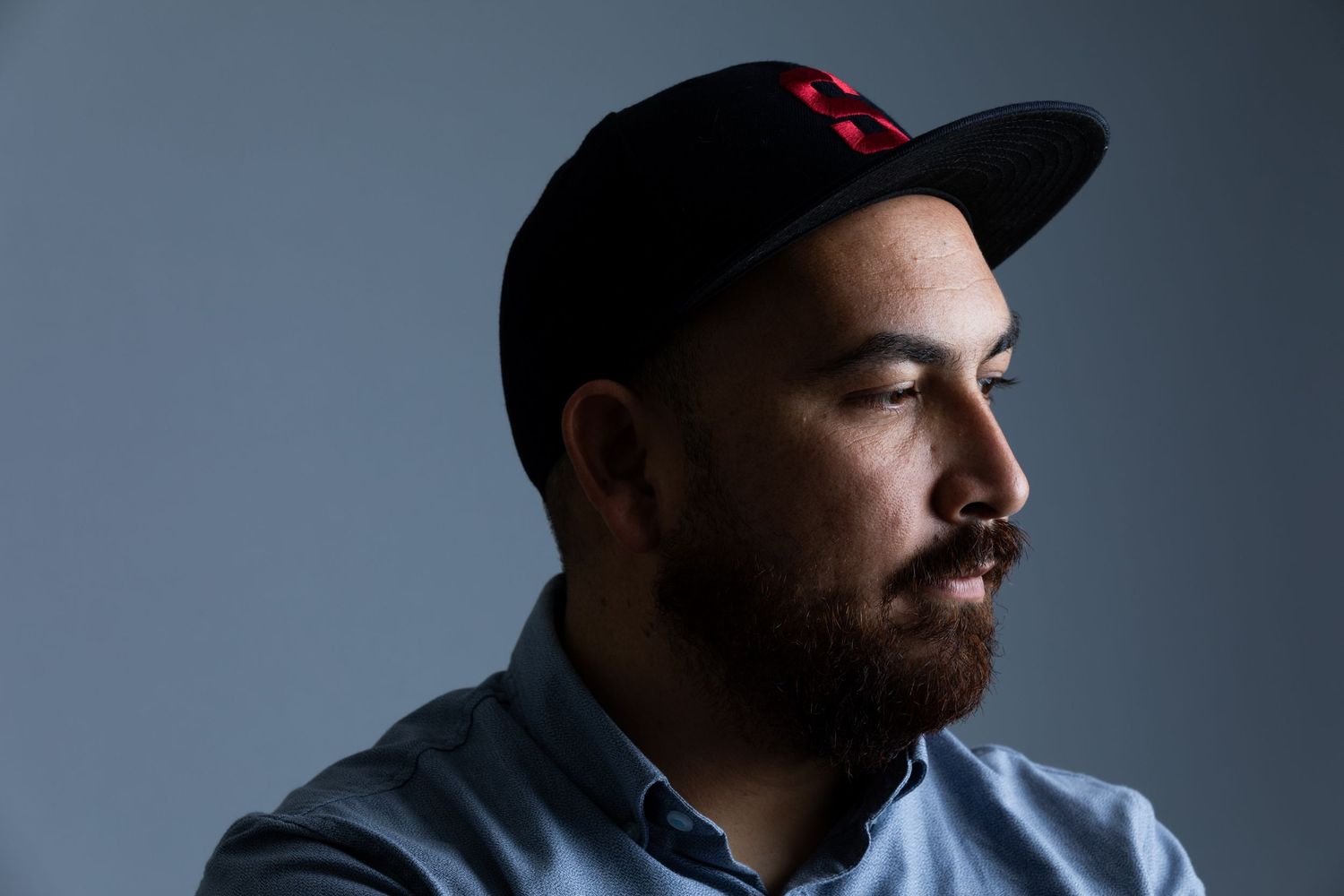 Moody studio portrait showing different angles against a gray background.