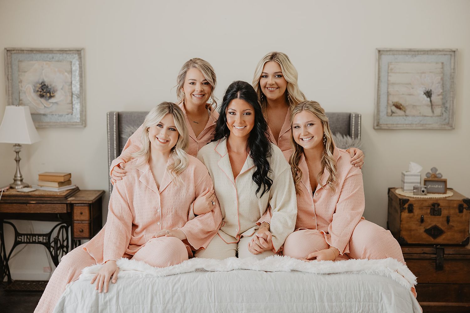 Bridal Suite at Sanctuaire Atelier wedding venue in Williamson, Georgia. Pink and White, Bride and Bridesmaids, Decorations.
