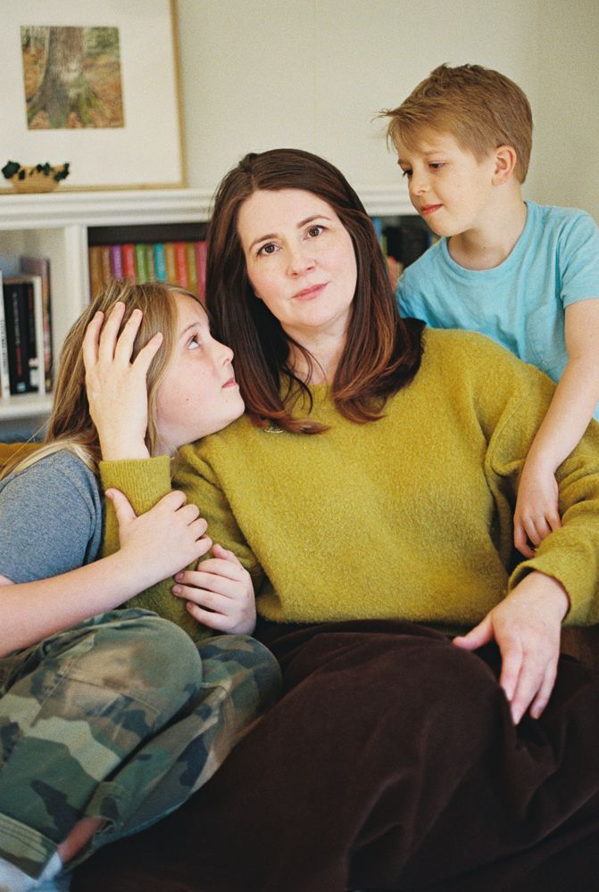 A series of candid photos showing people relaxing together on a couch with a yellow cushion in the background.