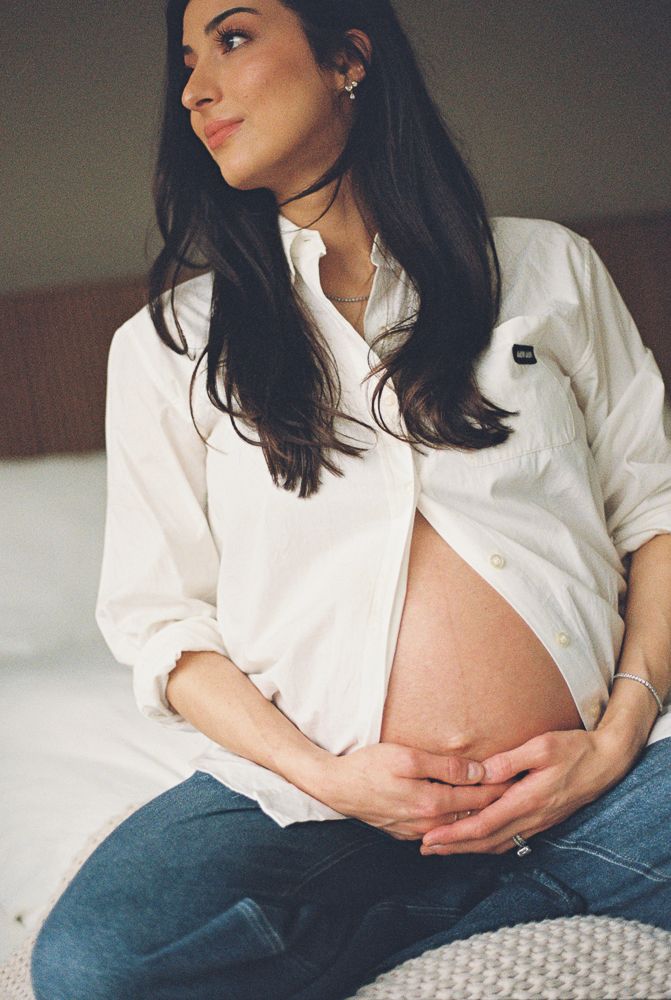 A progression of maternity portraits showing a pregnant woman in white button-down shirt against neutral background.