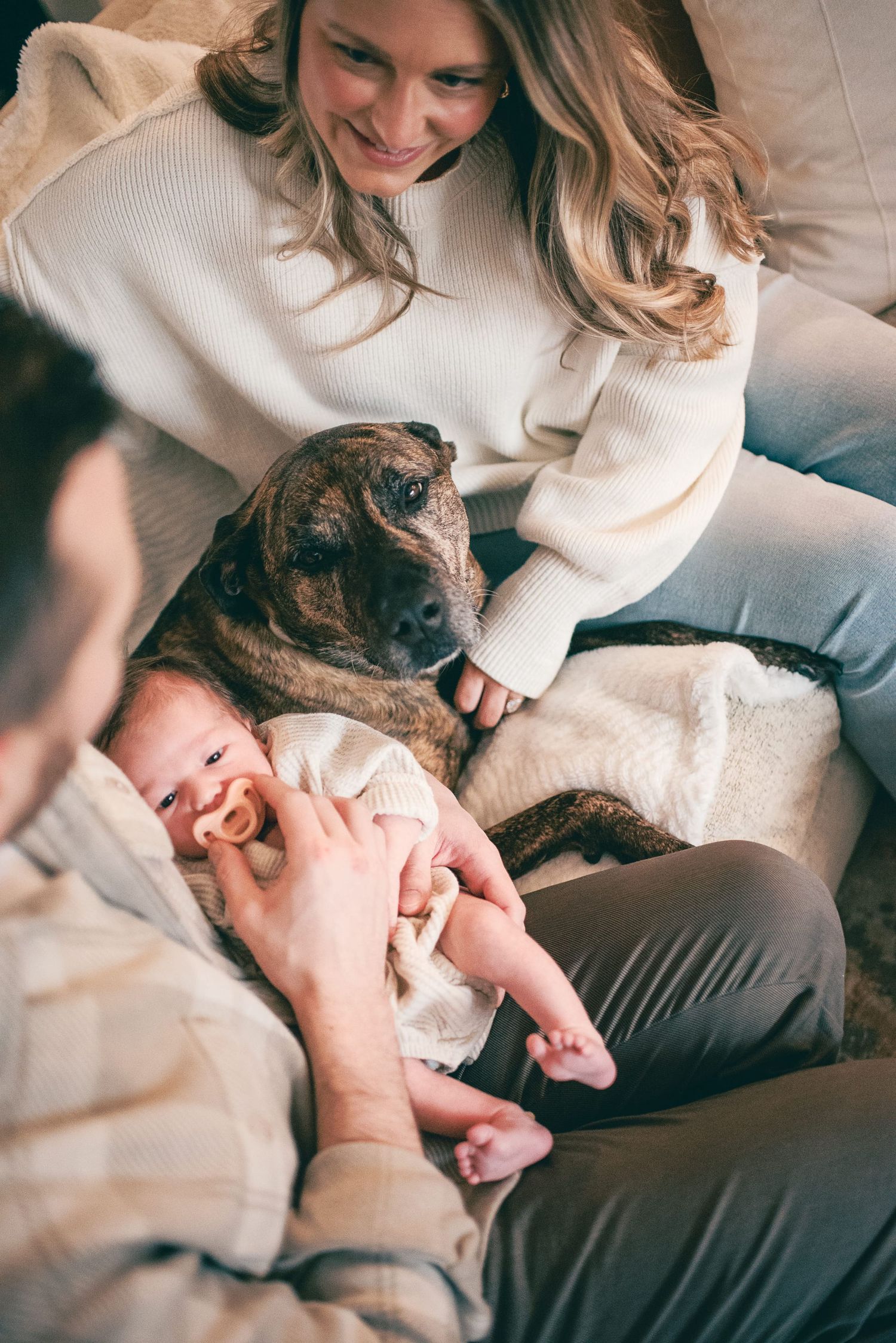 A person in a white sweater relaxes on a couch with their French Bulldog companion.