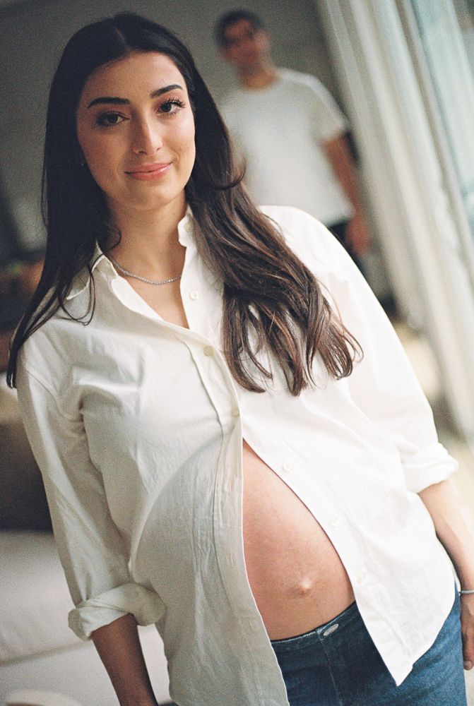 A woman in a white button-up shirt poses in a series of casual lifestyle photos against a light background.