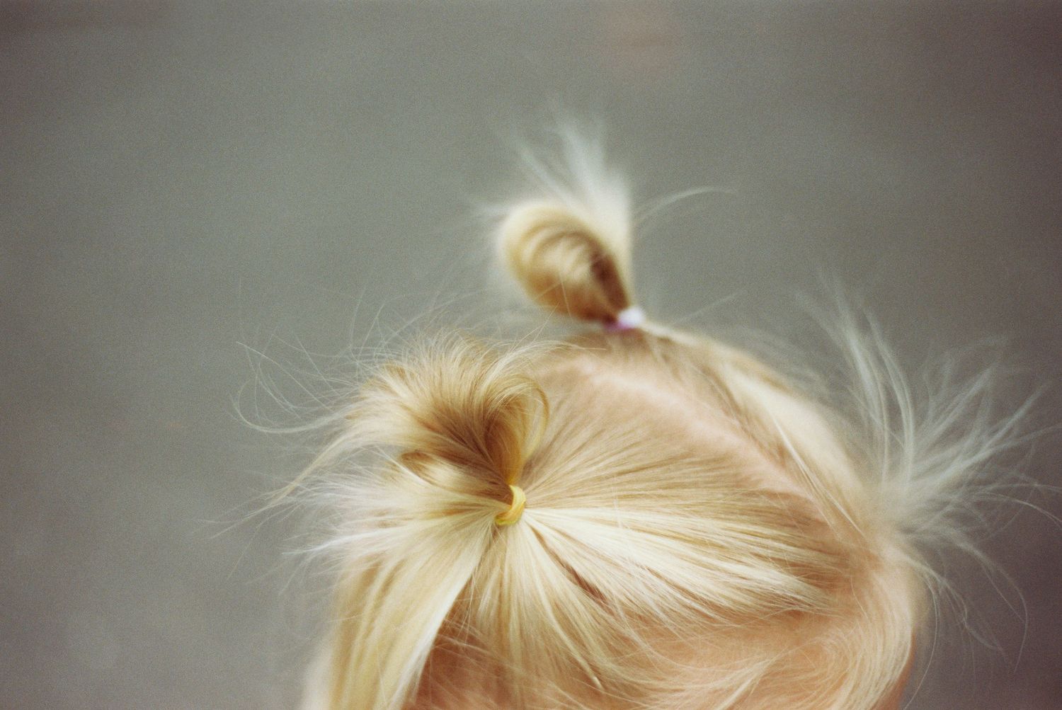 A collage of closely cropped photos showing different hairstyles and ponytails in shades of blonde hair.