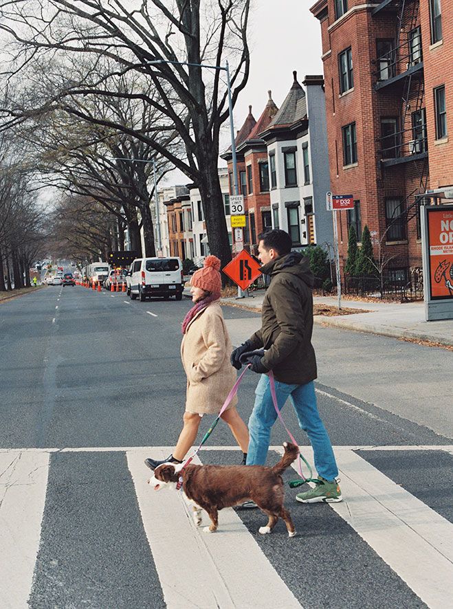 Two people walking dogs on a sidewalk next to brick buildings on a cloudy winter day.