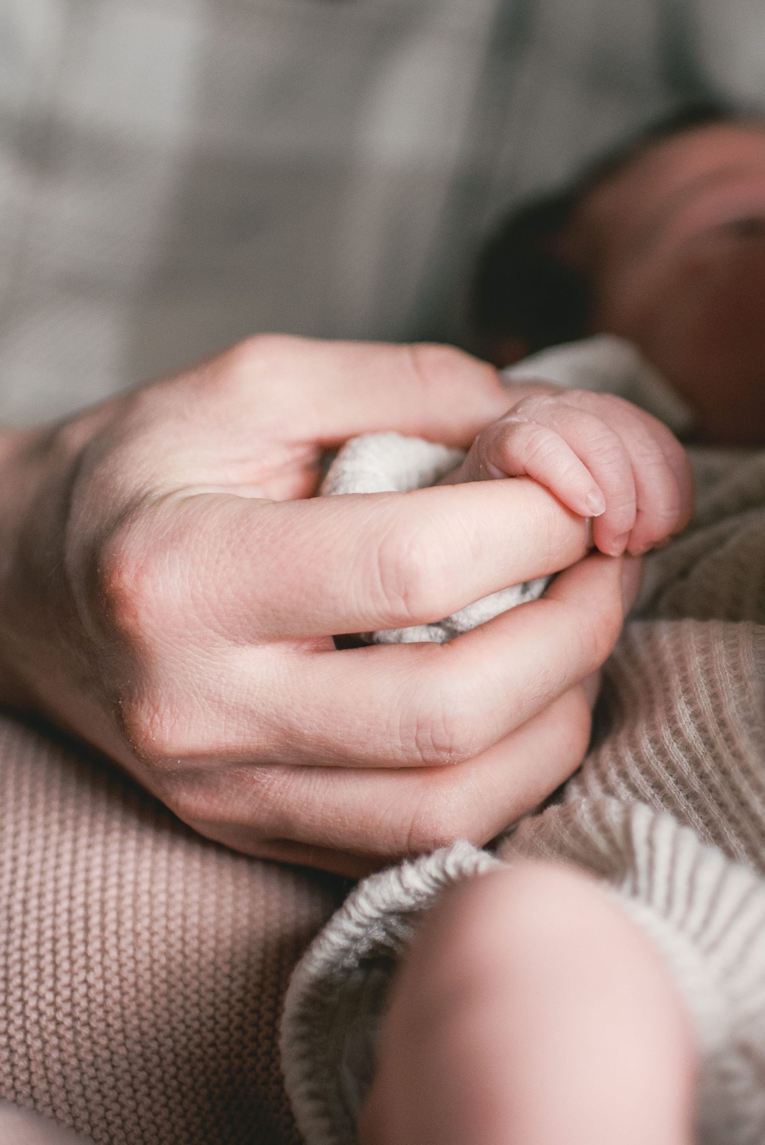 Close-up series of hands gently holding and examining a soft knit sweater texture in muted lighting.