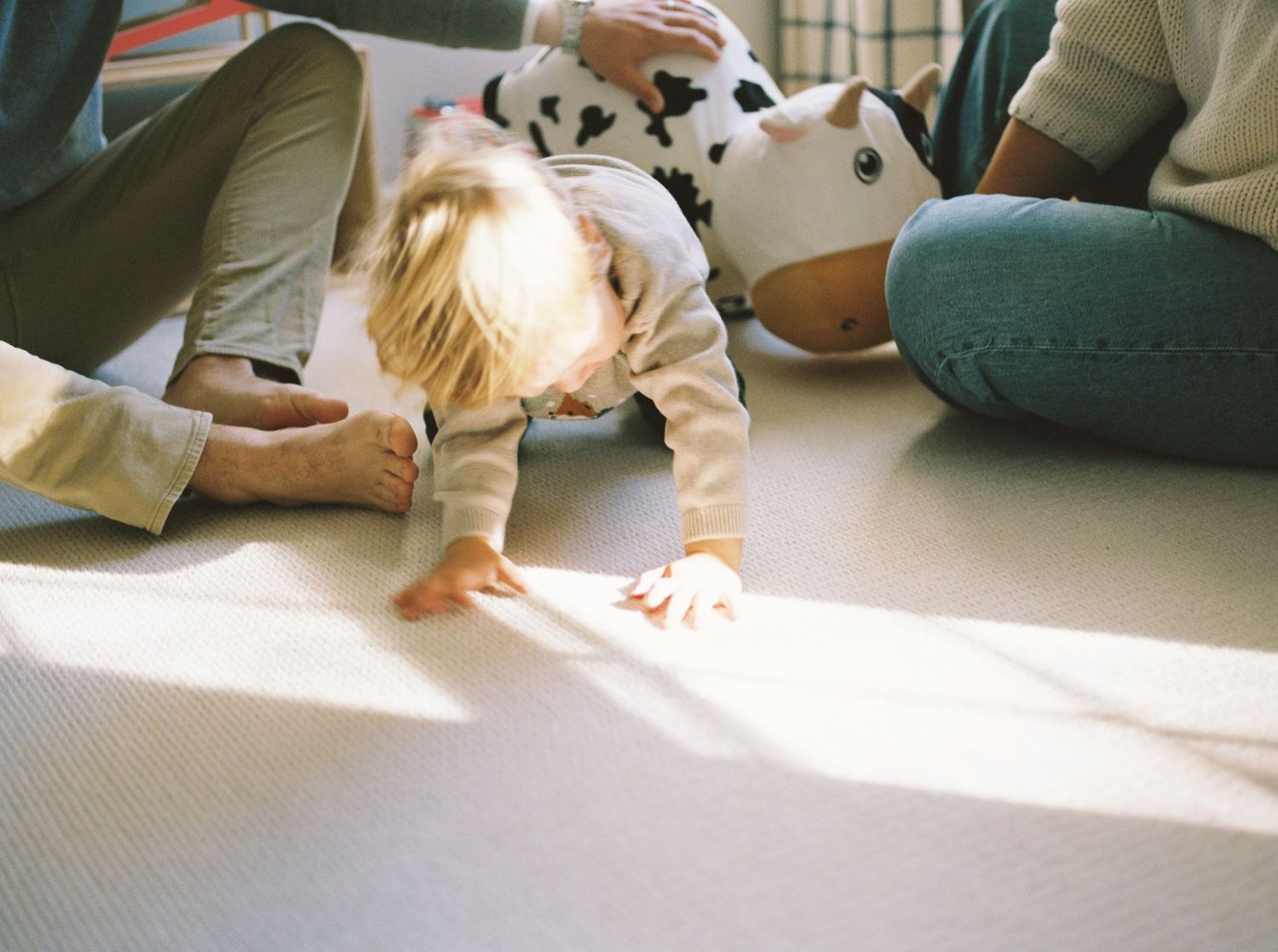 A golden retriever puppy playfully rolls and stretches on a hardwood floor in sunlight.