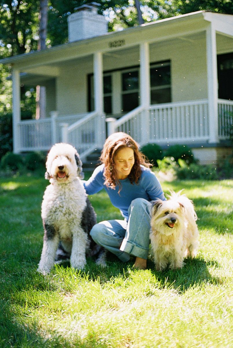 Woman crouching on green lawn with two dogs, large Old English Sheepdog and small Cairn Terrier, in front of white house.
