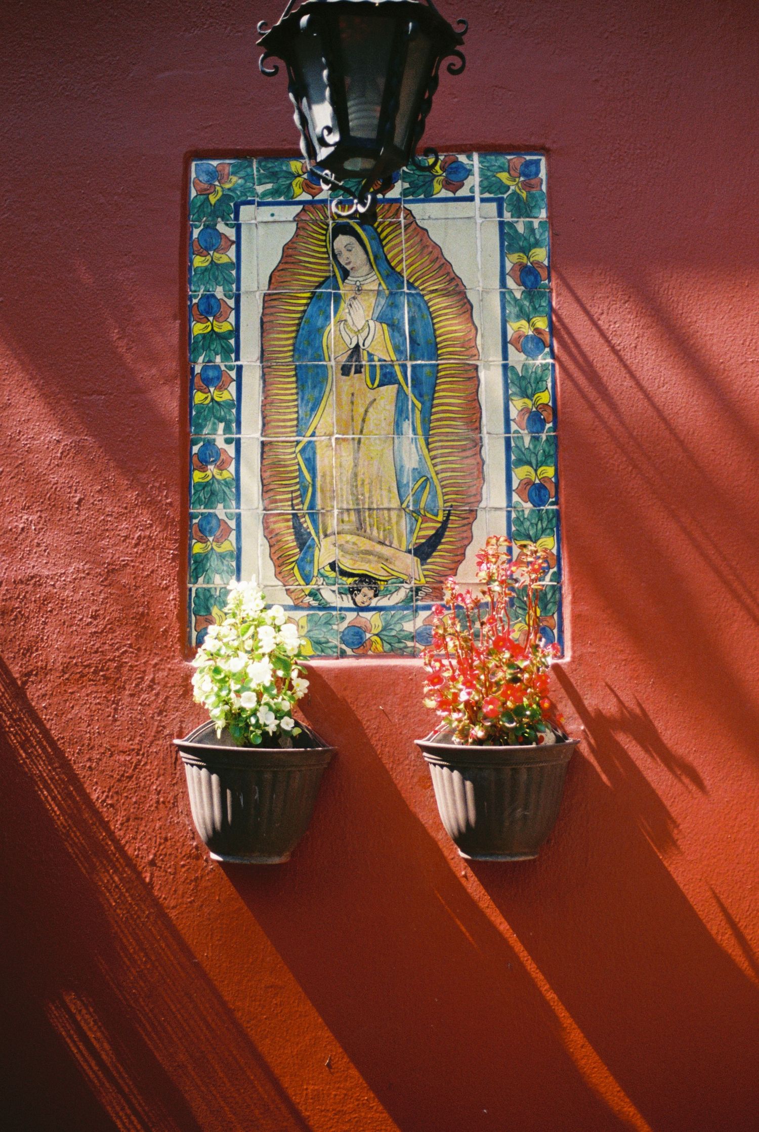 Religious artwork and potted flowers cast dramatic shadows against a vibrant orange-red wall in a series of four photos.