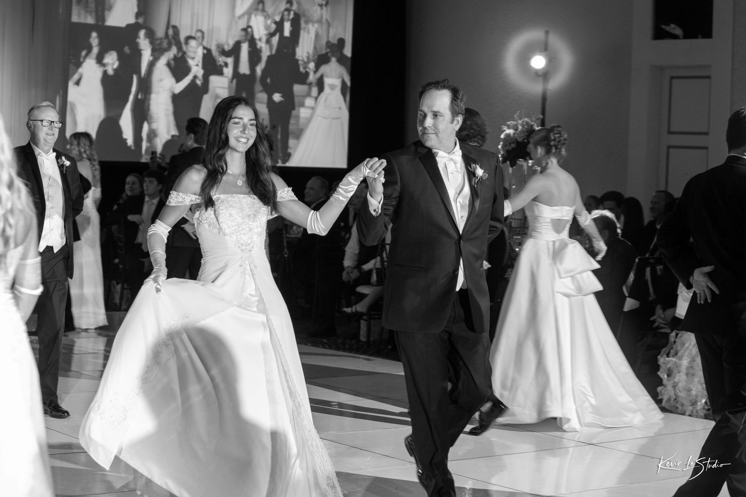 Black and white collage of wedding reception dance floor moments showing couples dancing and celebrating together.