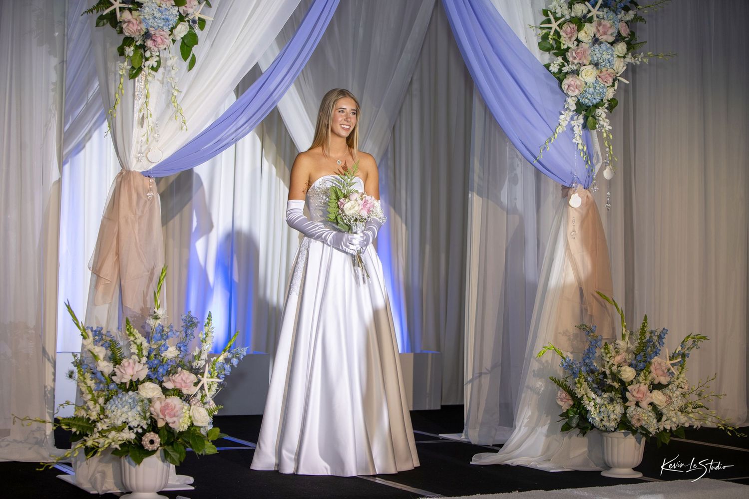 A sequence of bridal portraits showing a white wedding gown against a purple-draped backdrop with floral arrangements.