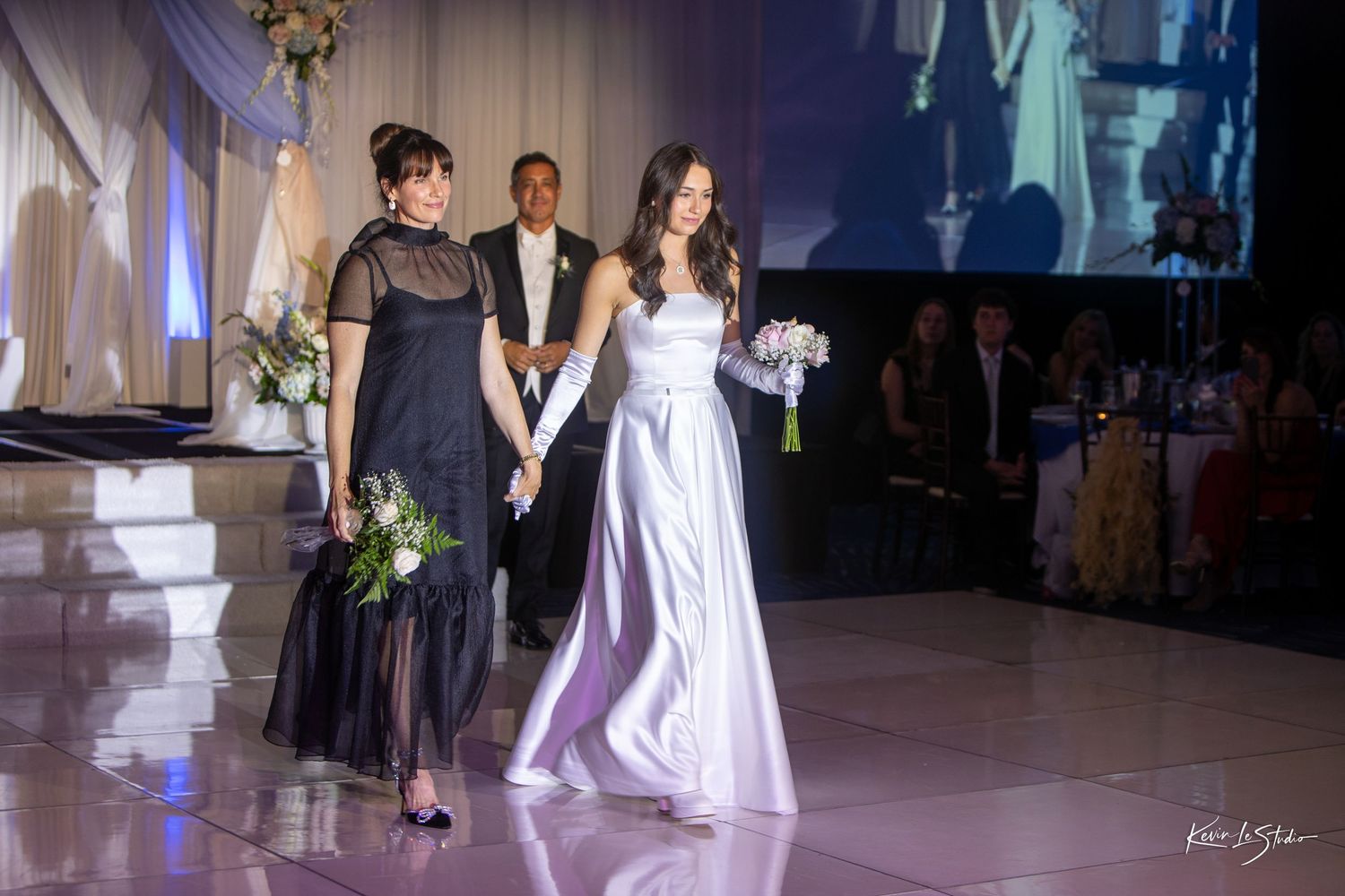 A series of wedding reception photos showing couples dancing on an illuminated dance floor in formal attire.