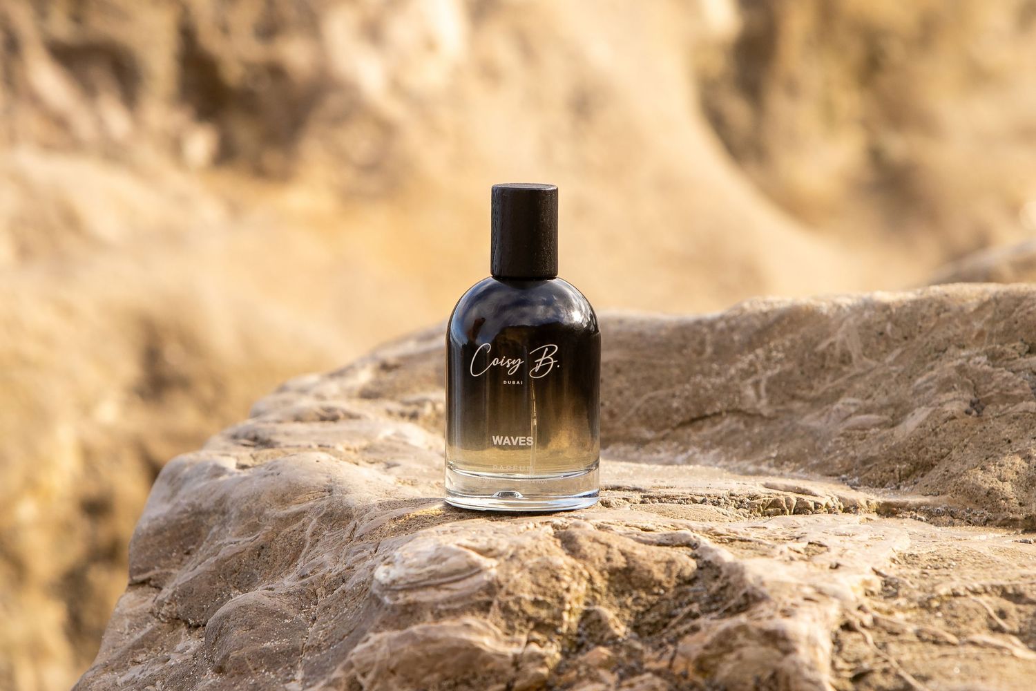 Bottle of wine placed on a rugged stone surface with sunlit rocks in the background.