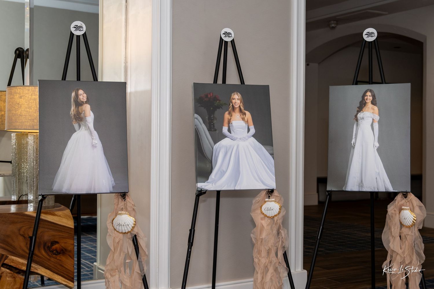 A series of bridal gown photographs displayed in a gallery-style arrangement showing different angles of white wedding dresses.