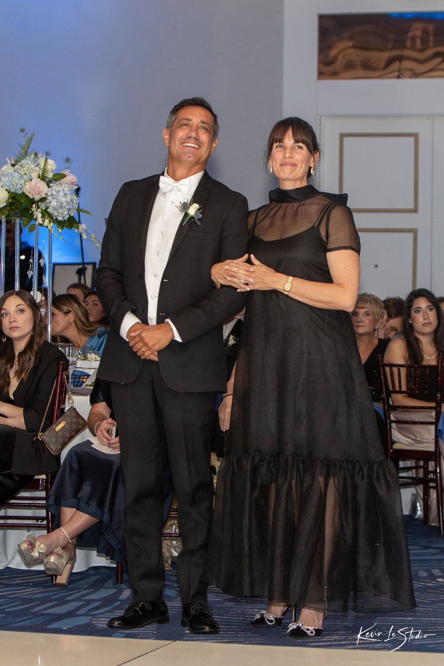 A series of dance floor photos showing couples in formal black attire dancing together at an elegant event.