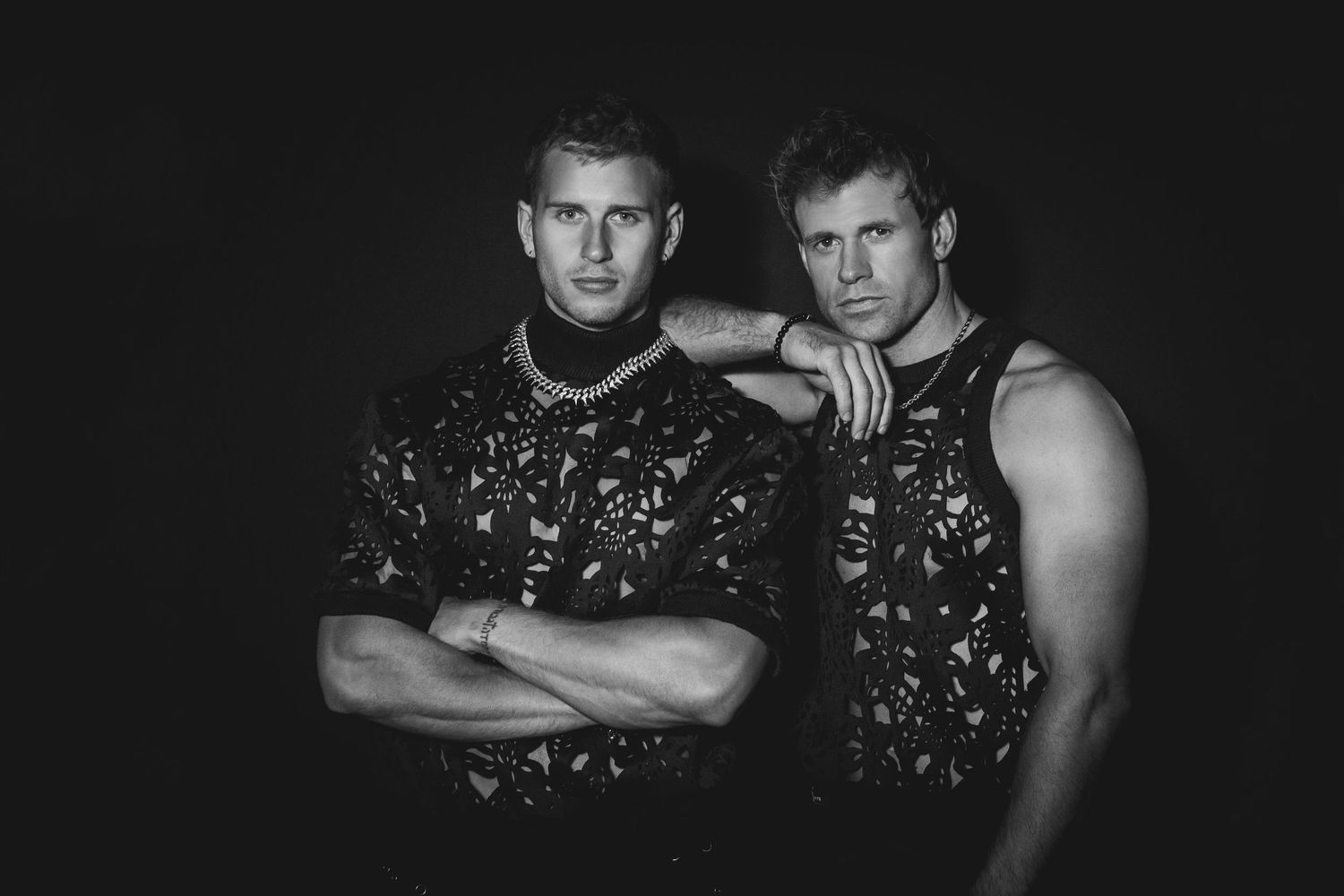 A series of black and white photos showing muscular figures in similar poses against a dark background.
