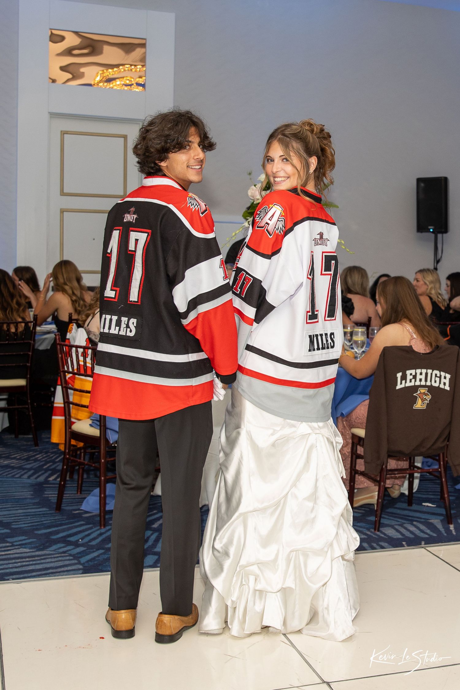 A sequence of photos showing people in red and black sports jerseys at a formal event in a banquet hall.