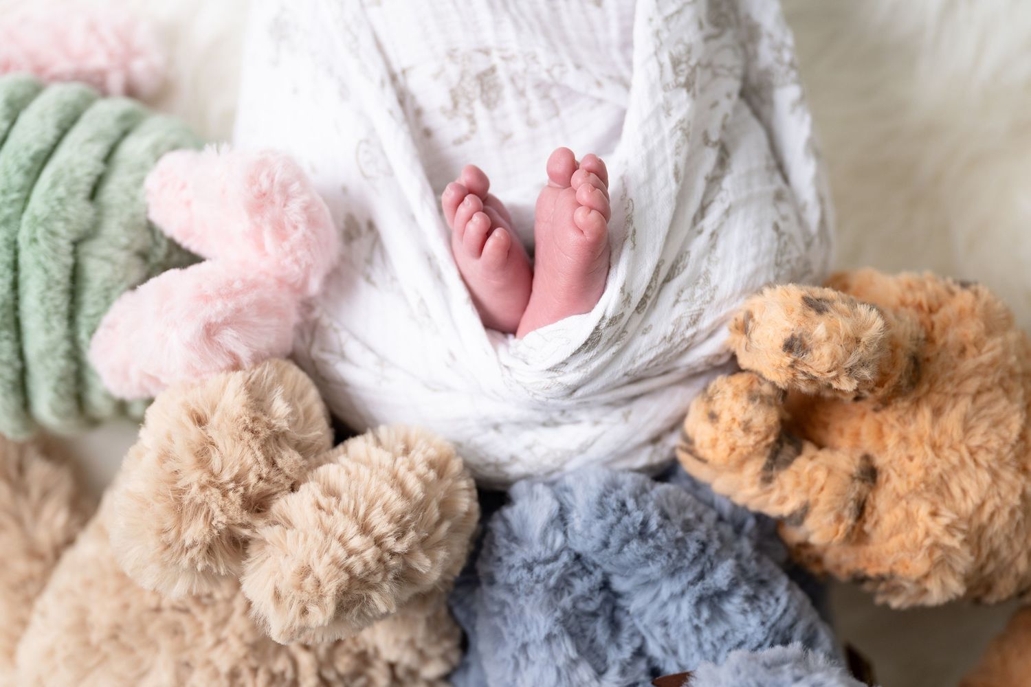 Newborn baby feet surrounded by soft plush toys and blankets.