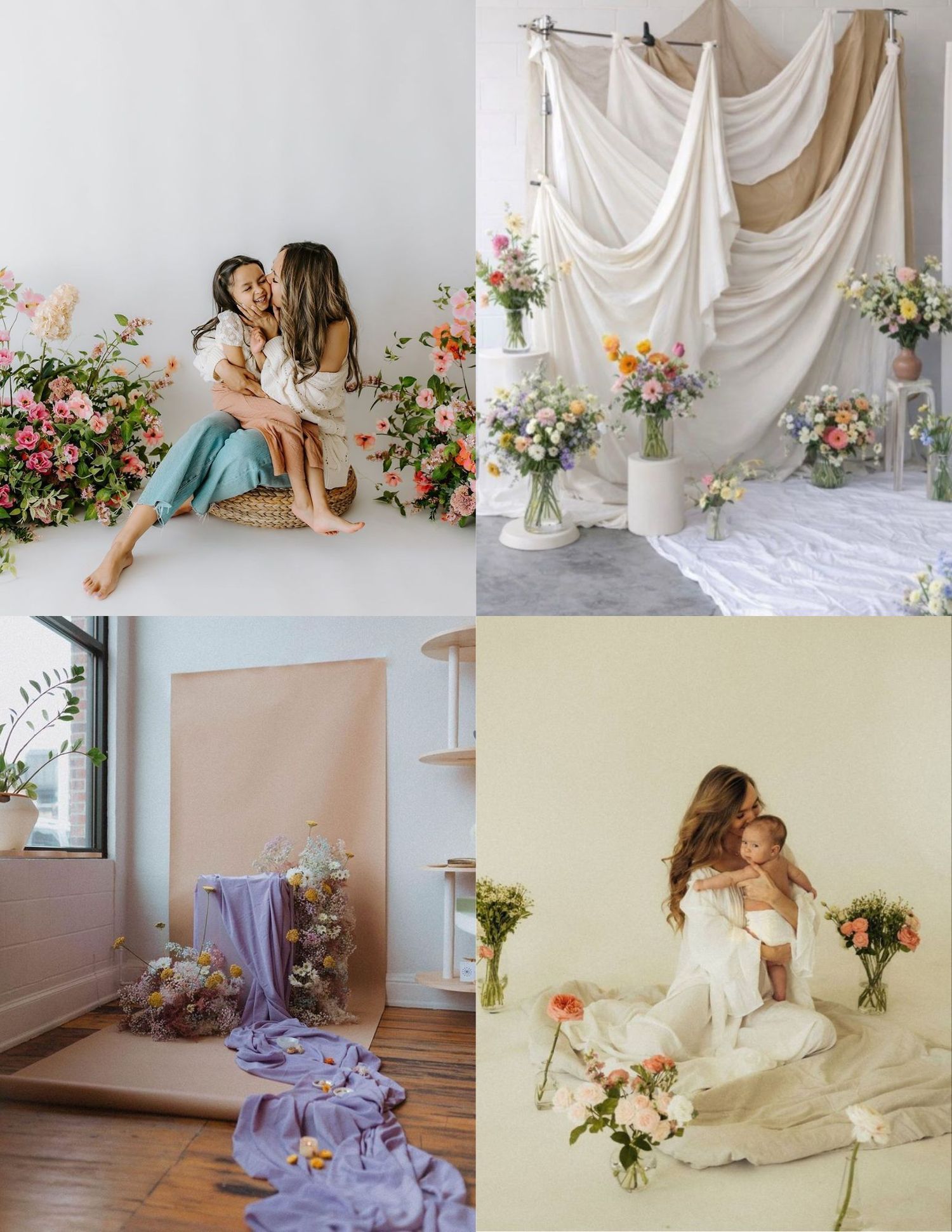 Elegant photo studio setup with draped fabrics, floral arrangements, and soft romantic styling in neutral tones.