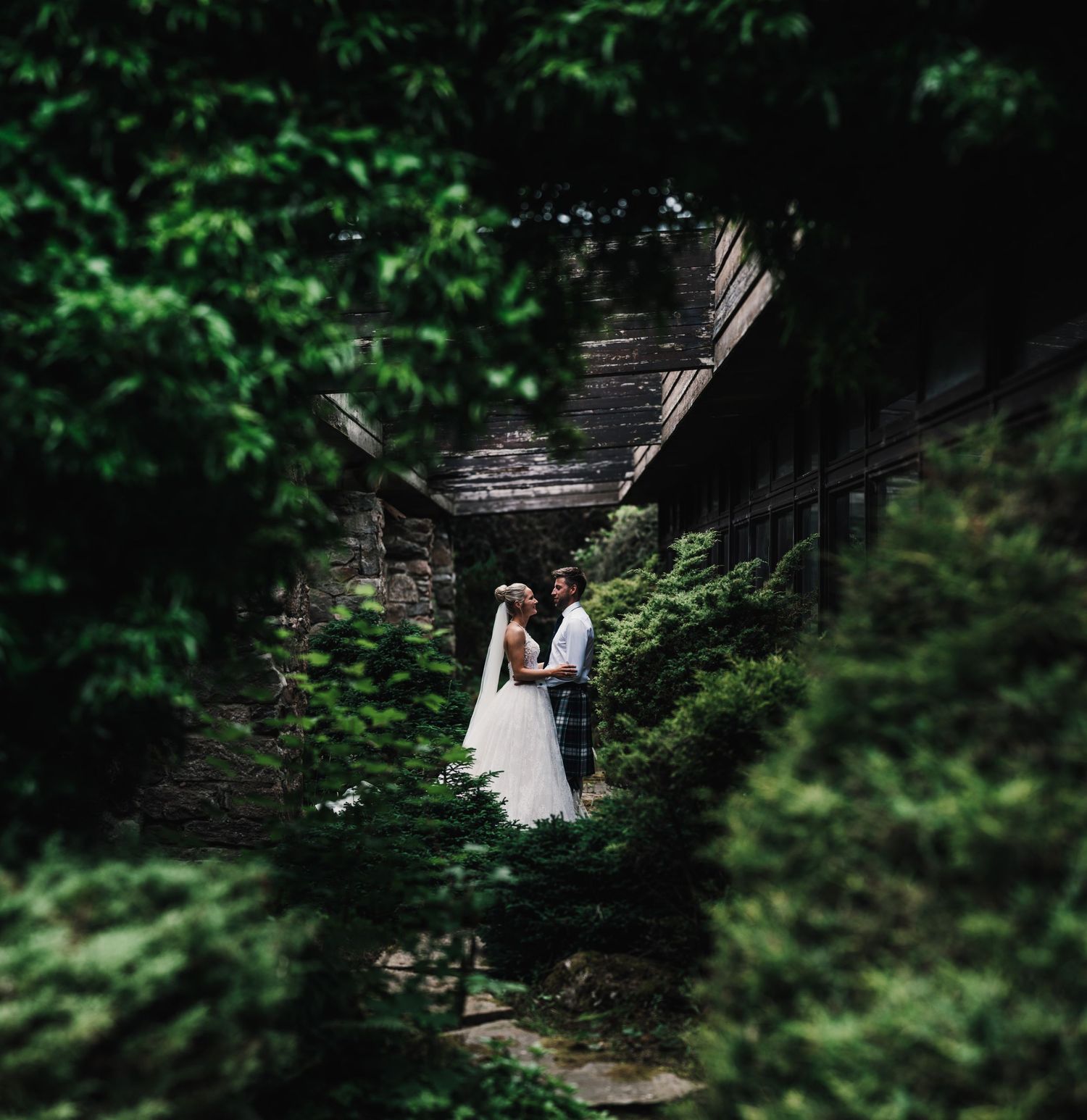 Artistic wedding photo of couple framed by lush greenery and wooden archway.