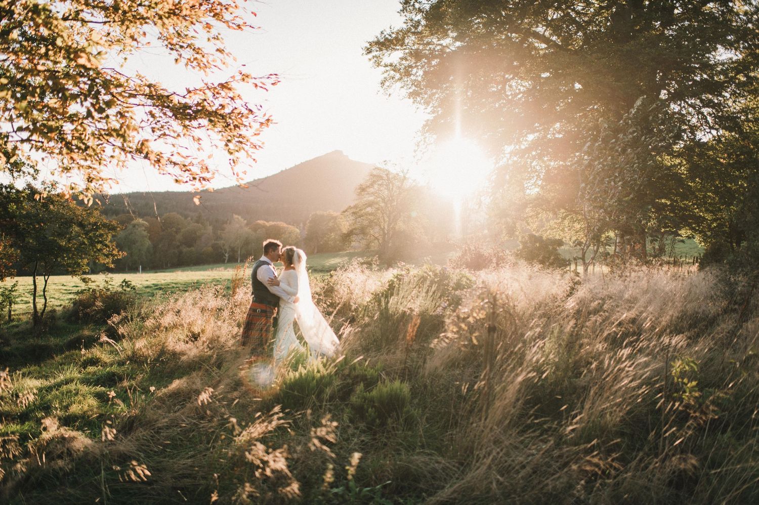 Wedding portrait in golden sunset light with couple standing in tall grass field.