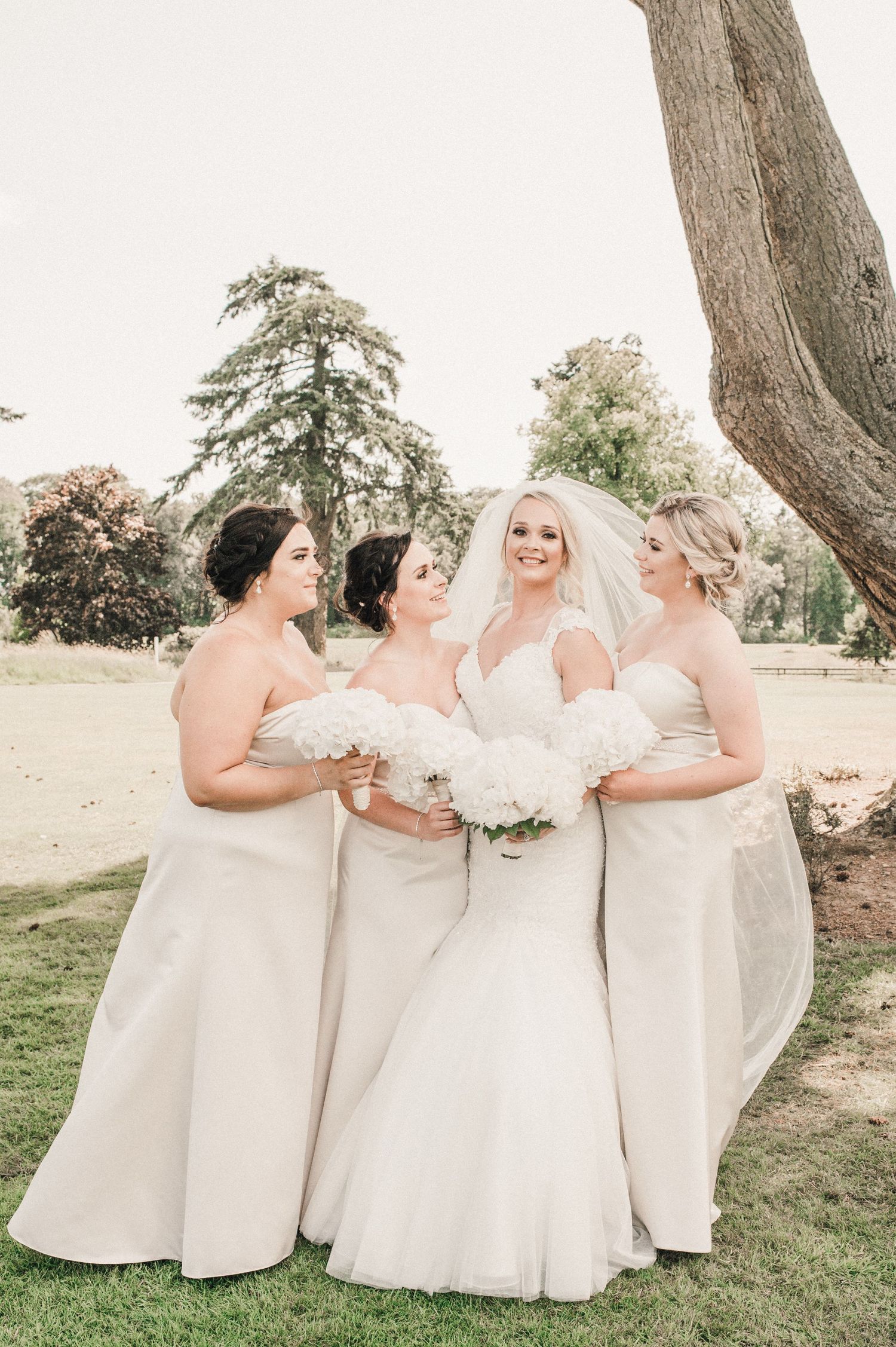 Wedding party in formal attire including kilts pose against natural outdoor backdrop.