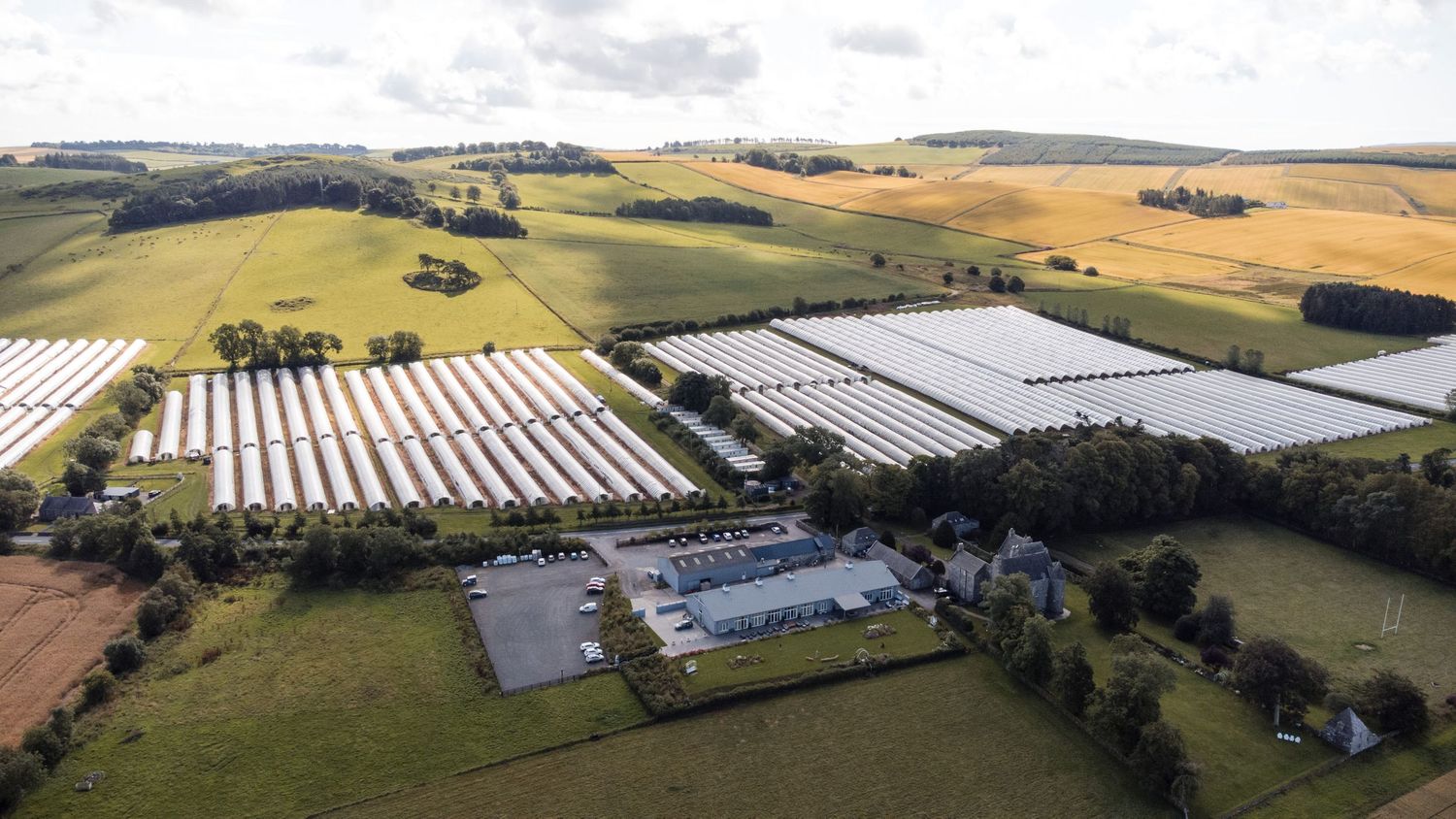 Aerial panoramic view of rolling farmland with mixed agricultural fields and scattered buildings in the countryside.