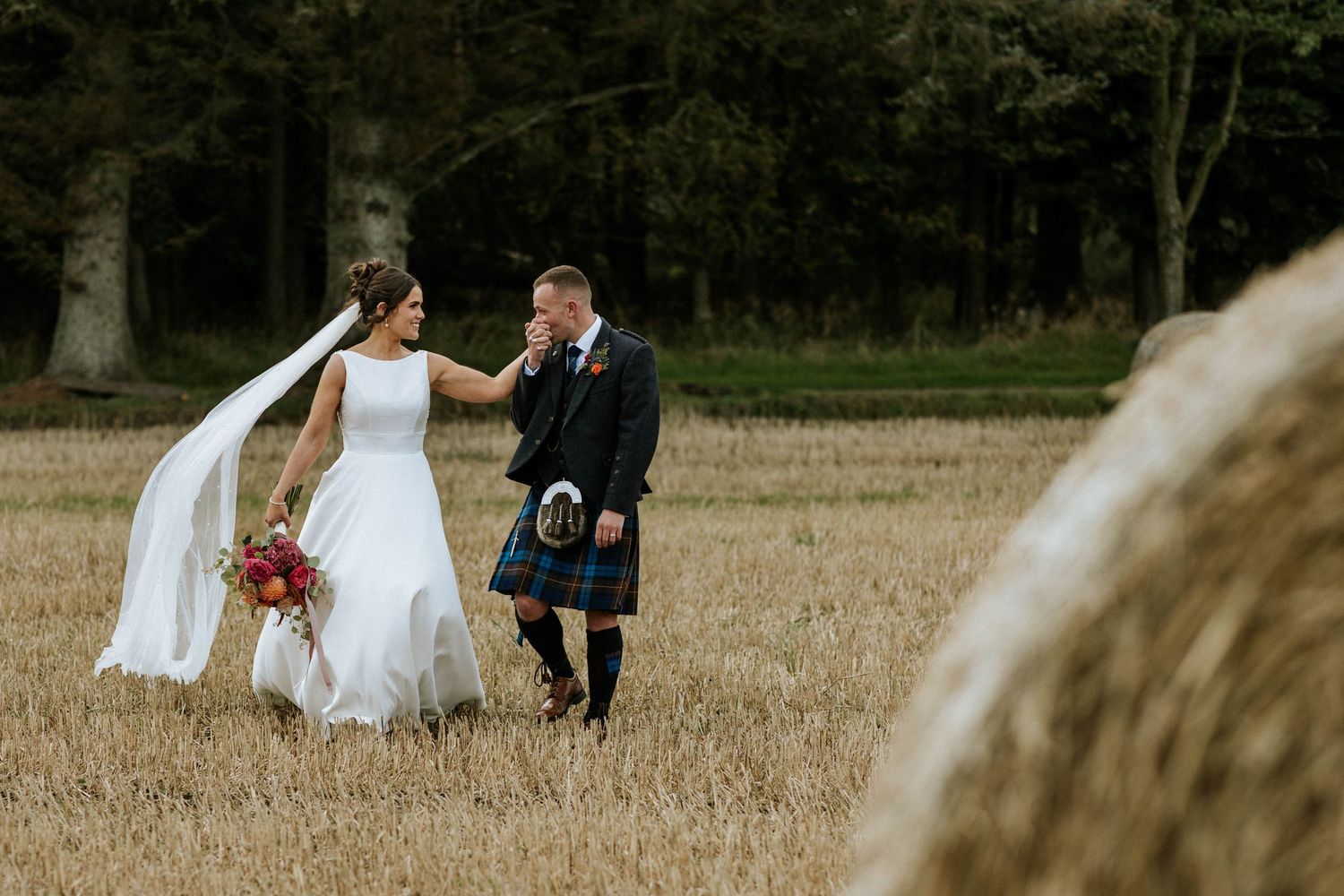 A couple walks through a golden field, with the groom wearing a traditional Scottish kilt.