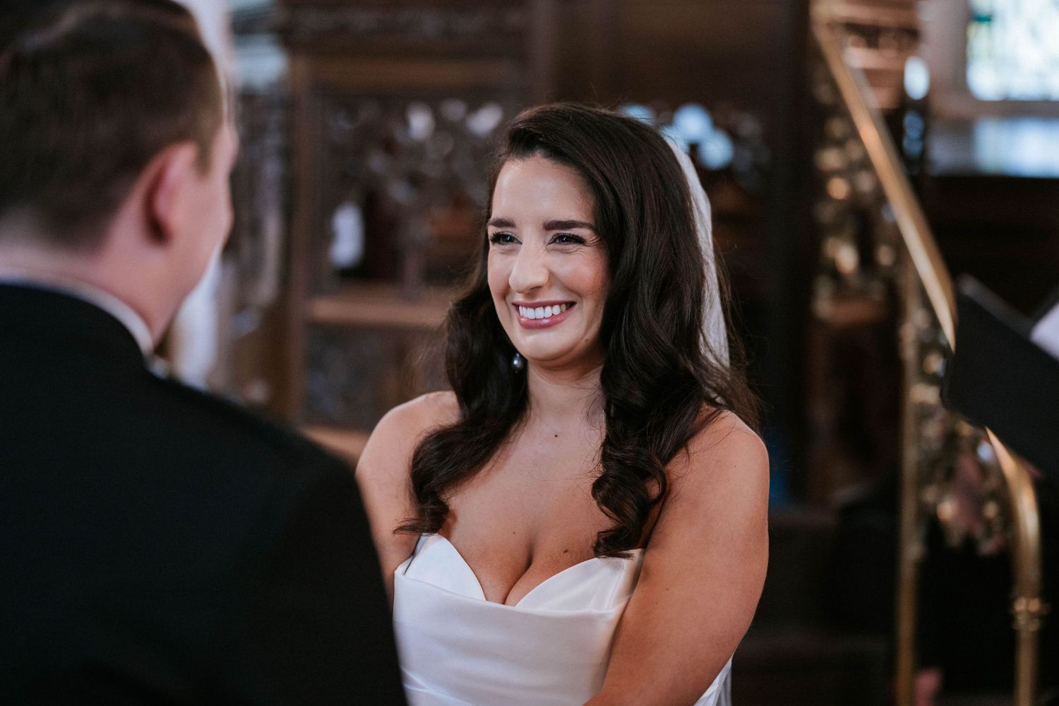 Happy moments captured during a traditional church wedding ceremony.