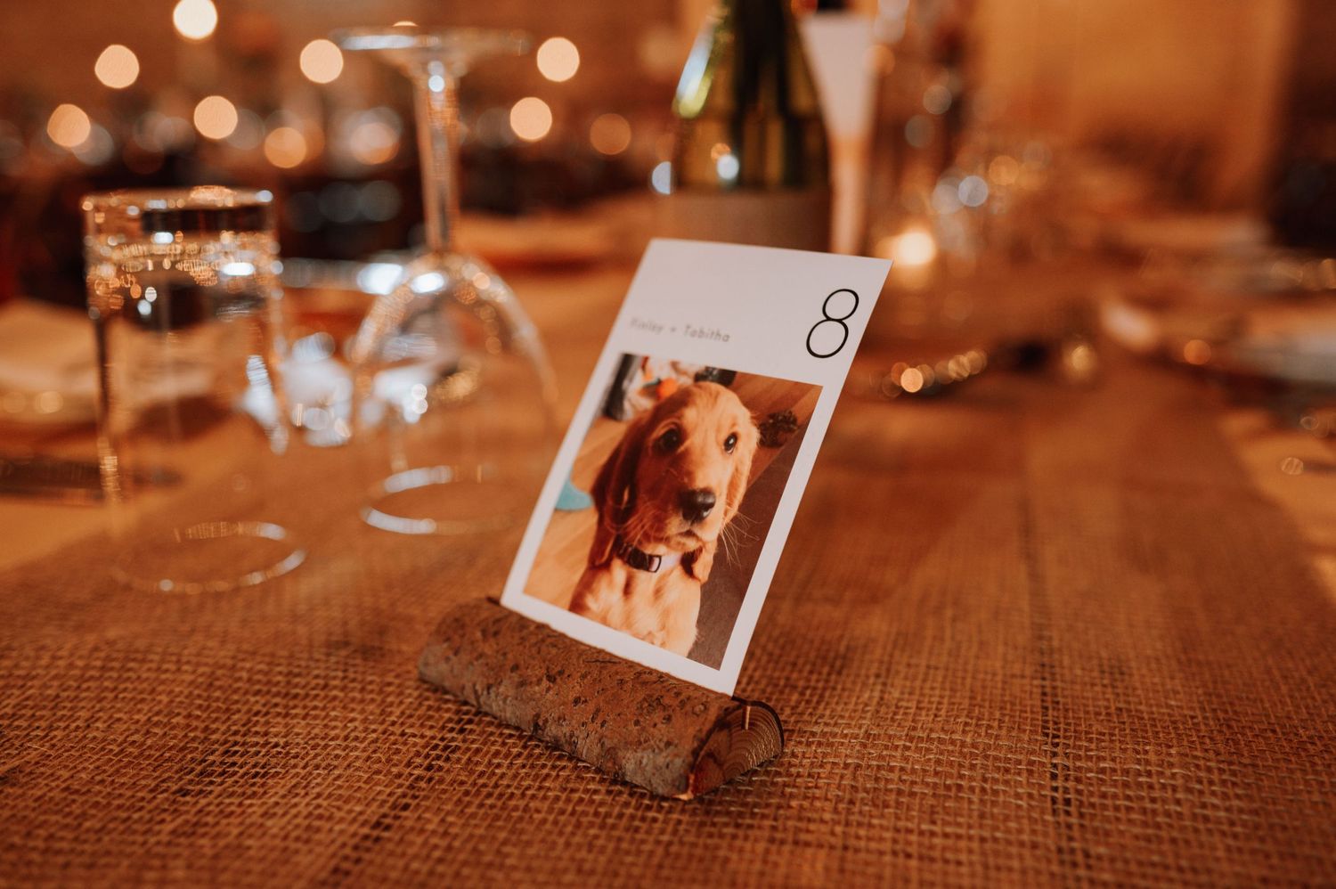 Photo of golden retriever displayed in rustic wooden place card holder on dining table.