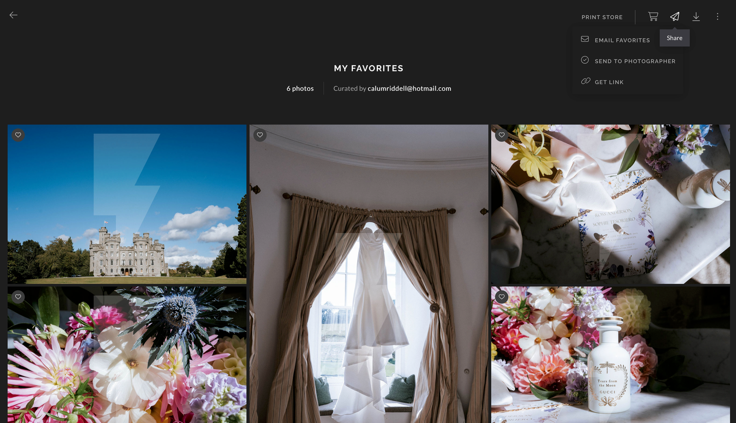 A collection of wedding photography showing floral arrangements, curtains, and venue details in a grid layout.