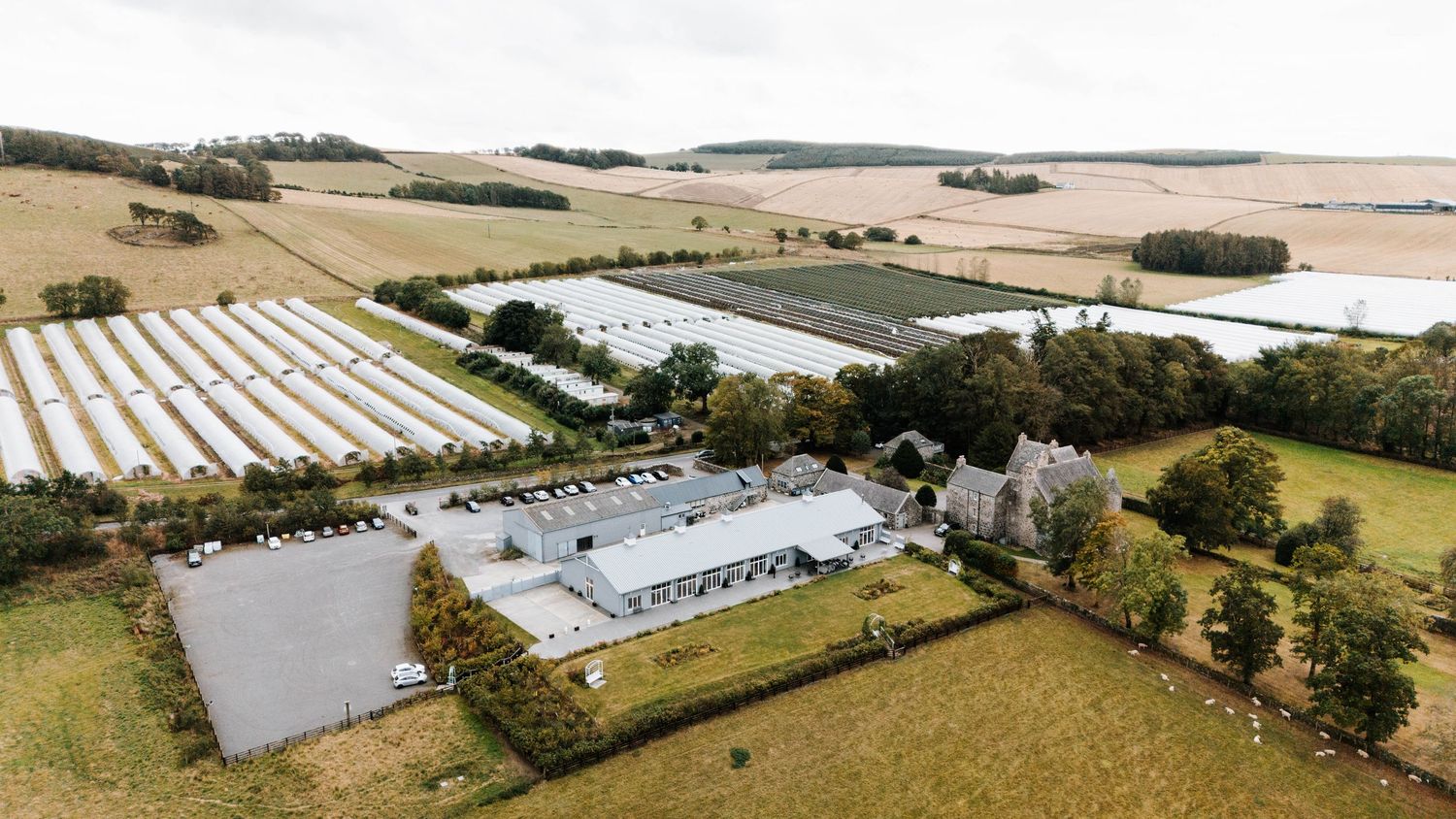 Aerial panoramic view of agricultural farmland showing fields, greenhouses and rural buildings in the countryside.
