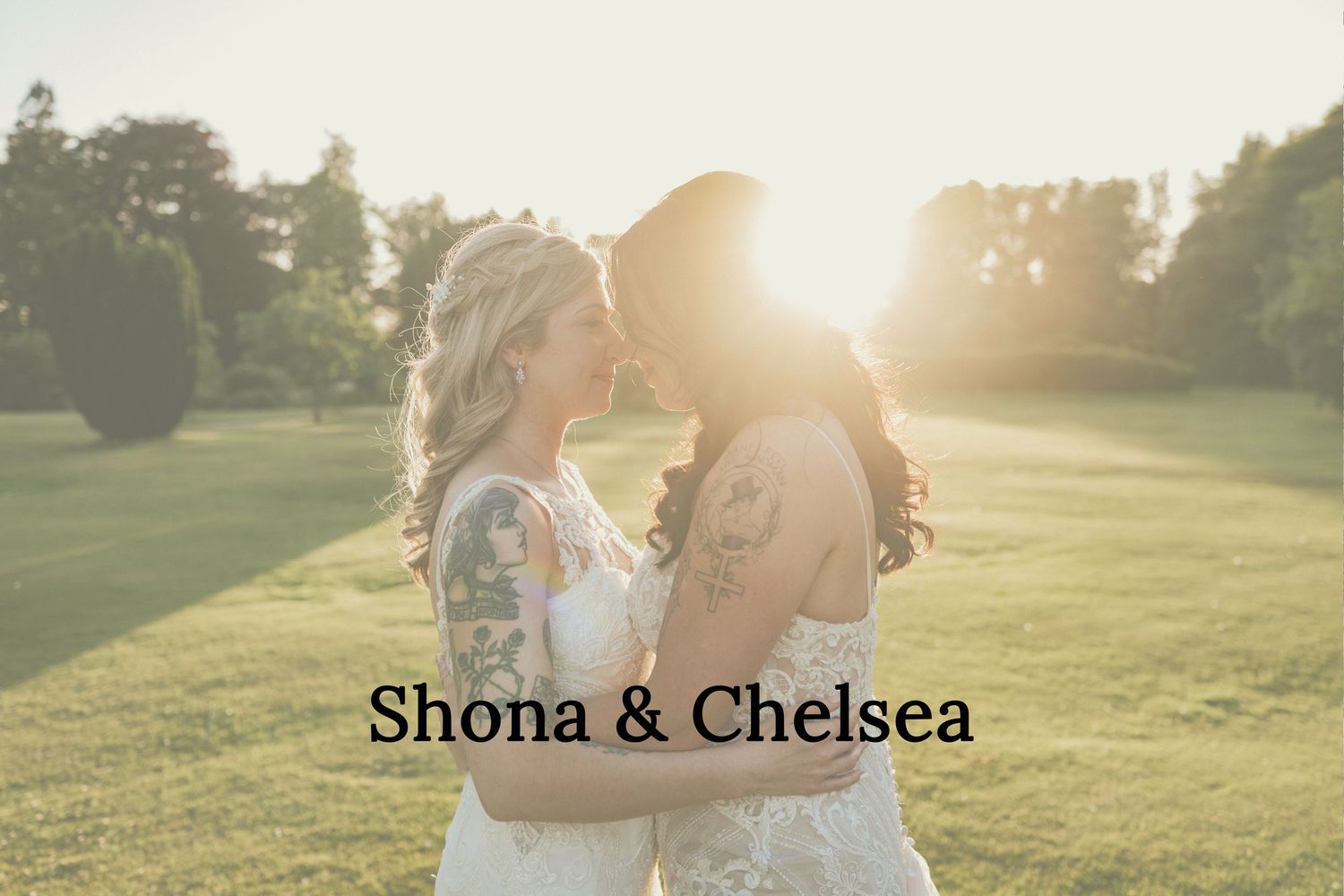 Wedding couple embracing on sunlit golf course during golden hour. Fasque Castle Wedding Photography.