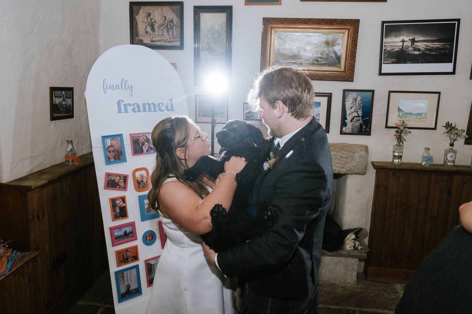 A wedding celebration captured in a series of candid black and white moments at an indoor venue.