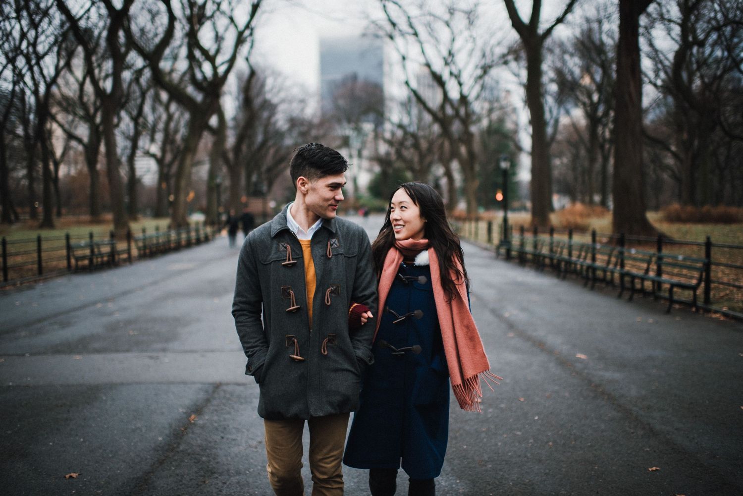 A couple takes a romantic stroll along a tree-lined path in Central Park on a moody winter day.