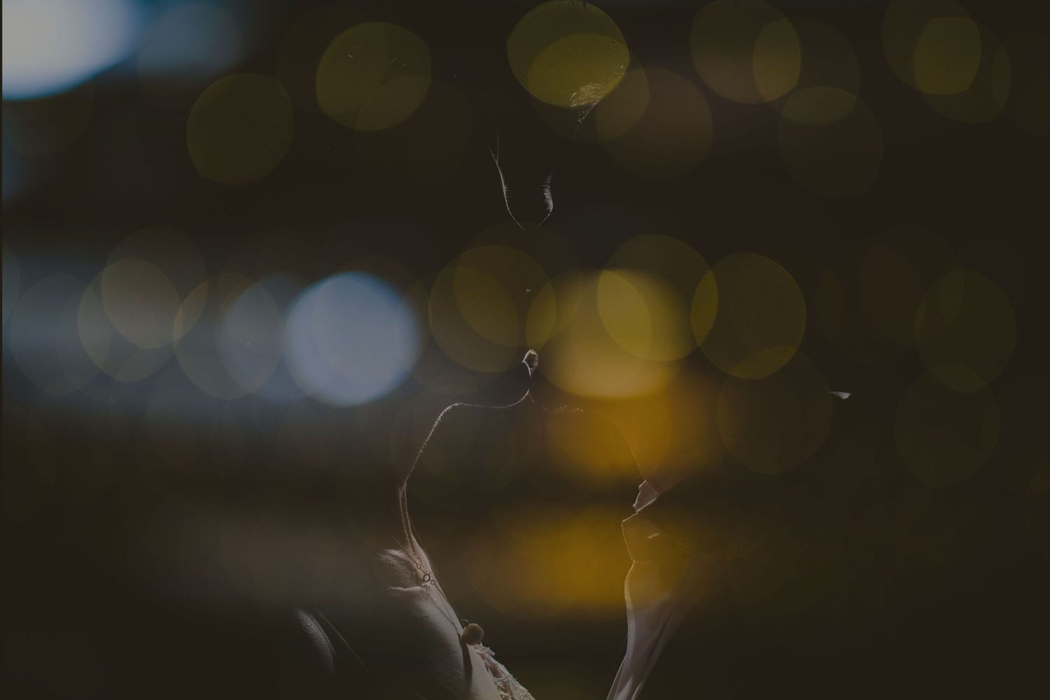 Abstract bokeh lights create a romantic atmosphere in a dark setting.