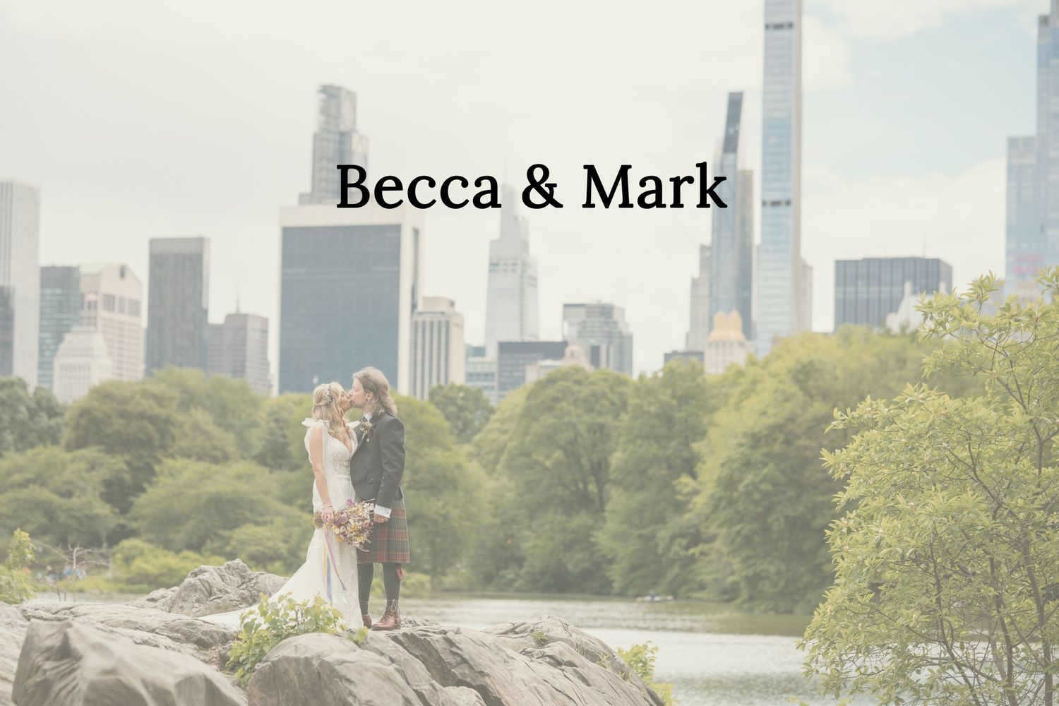 Wedding couple embracing with New York City skyline and Central Park in background.