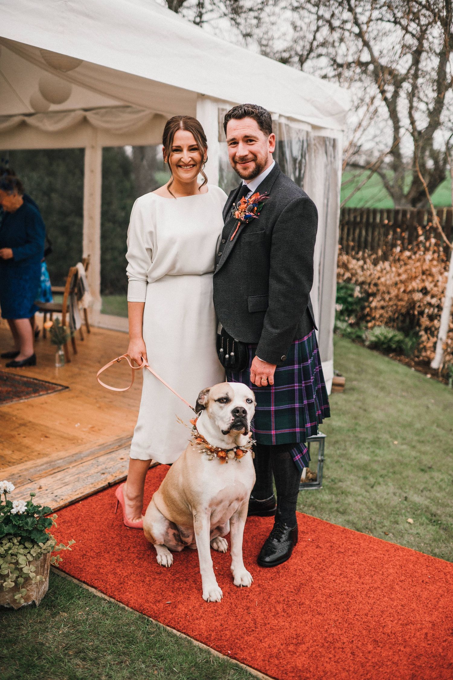 Wedding portrait of couple in Scottish formal wear with their dog on red carpet under outdoor tent.