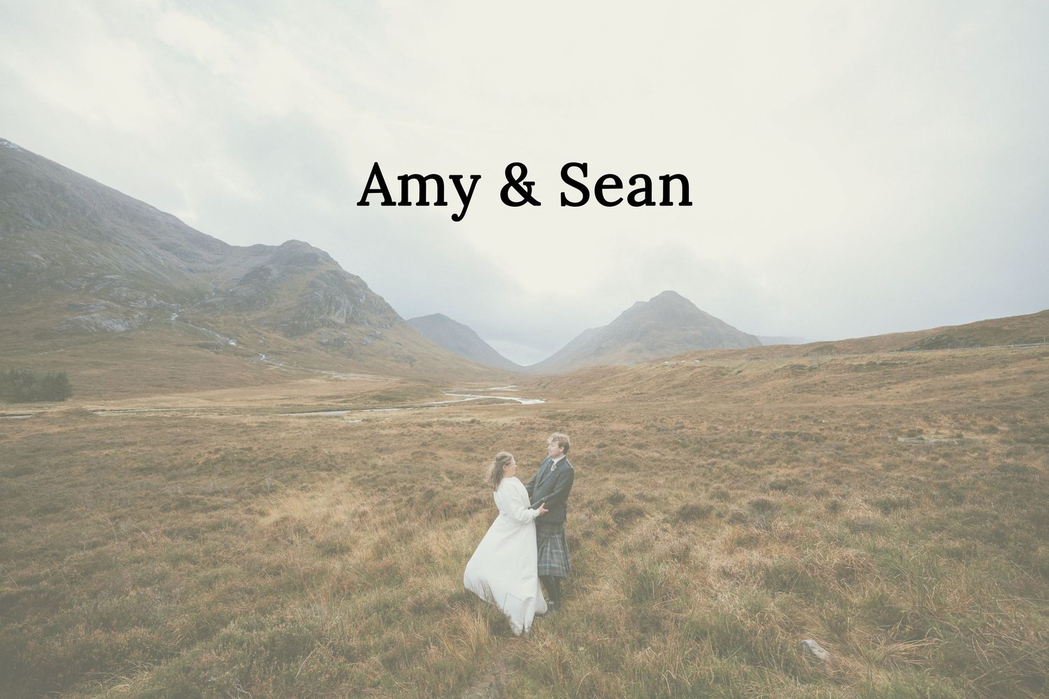 Wedding couple walking through scenic Scottish Highlands with mountains in background. Glencoe Wedding Photography.