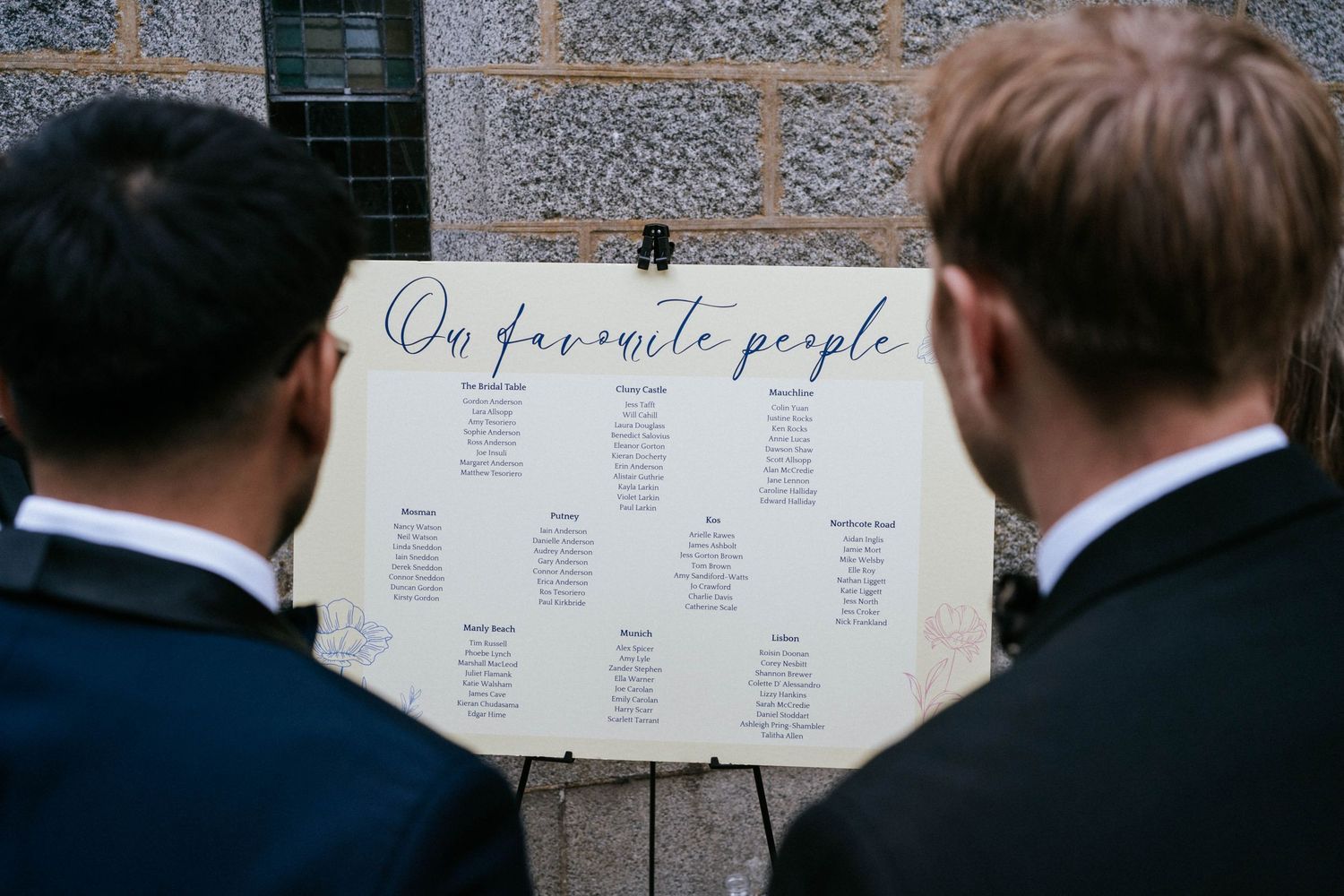 Wedding seating chart displayed on a white board with elegant calligraphy at a reception venue.