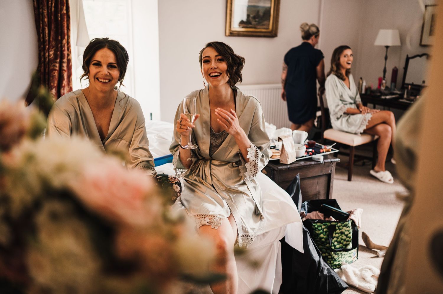 A candid morning preparation scene in a bright room with traditional decor.