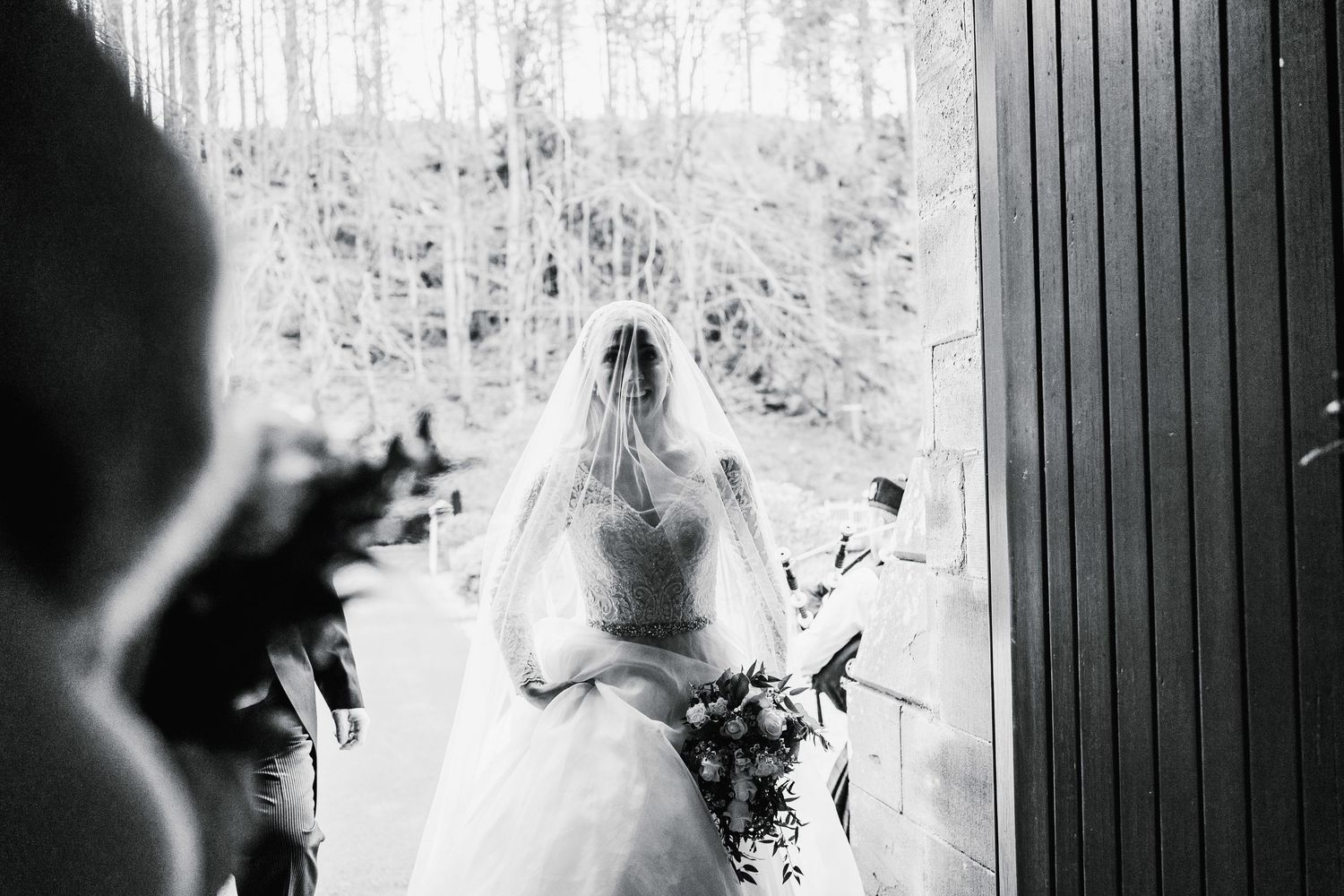 Aberdeen Wedding Photography. Black and white candid moments of wedding preparation through window reflections.