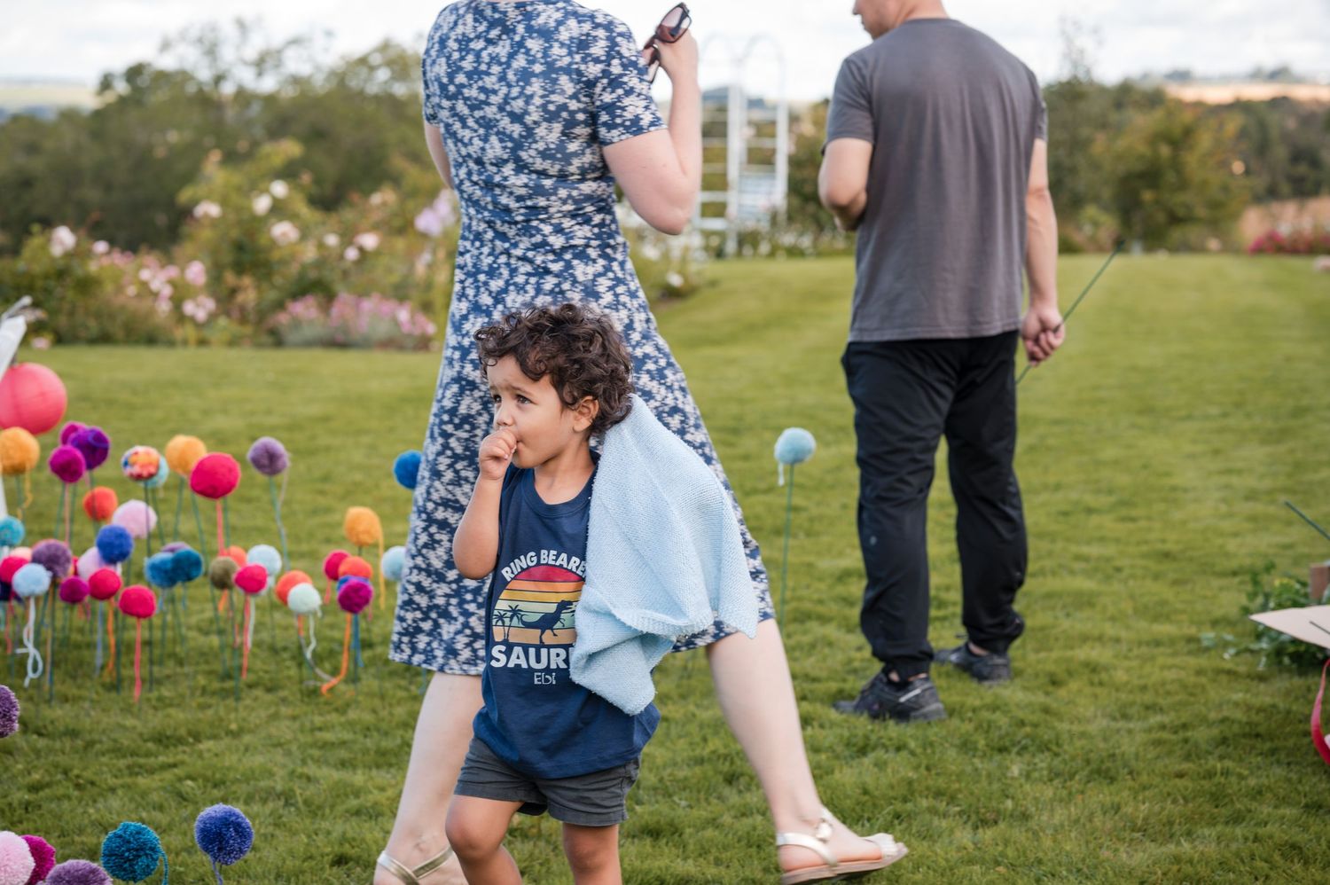 Colorful pom pom decorations line an outdoor grassy area for a special event.