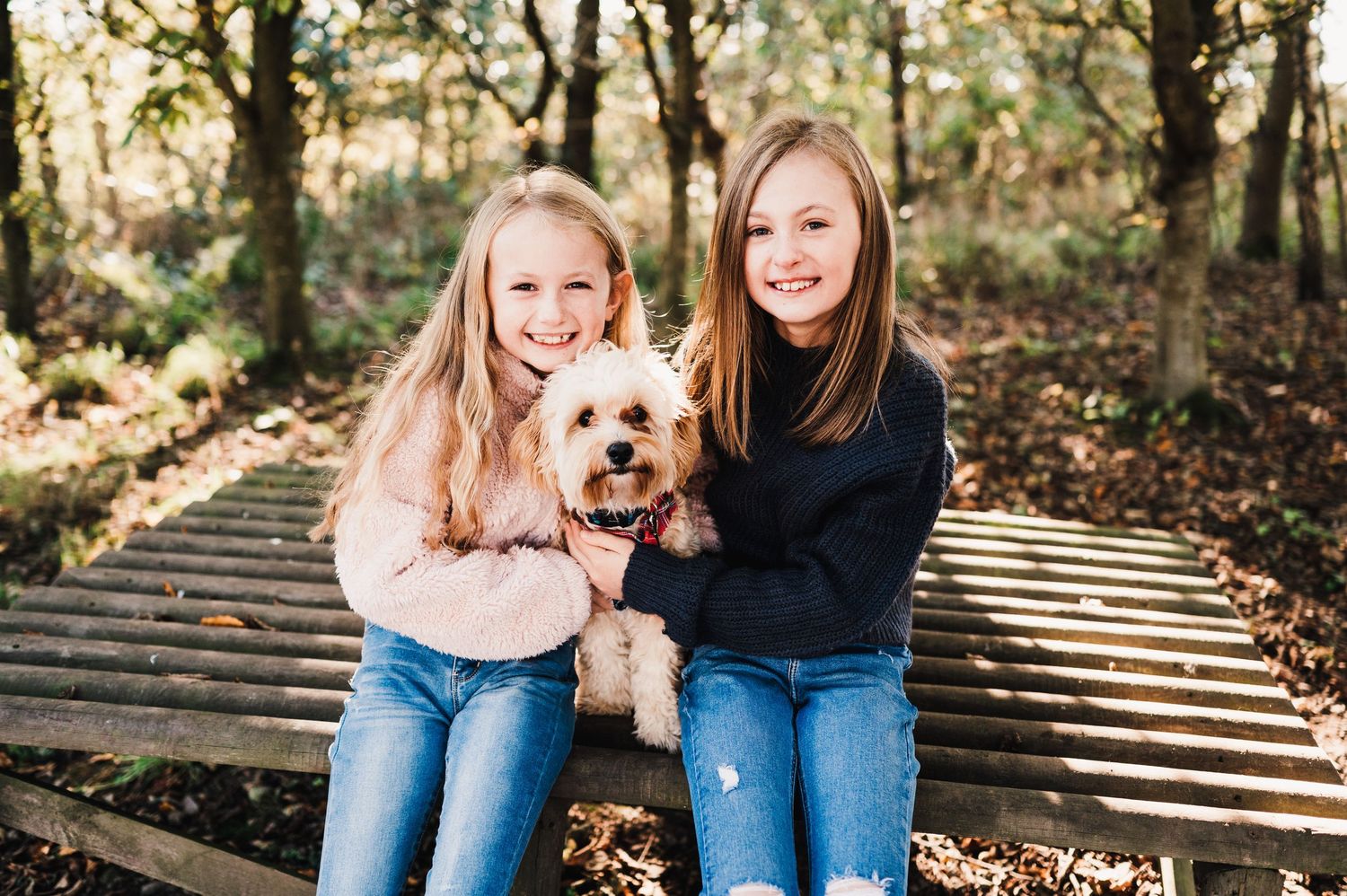 Two people in blue jeans sit on wooden steps in a forest setting with a small fluffy dog.