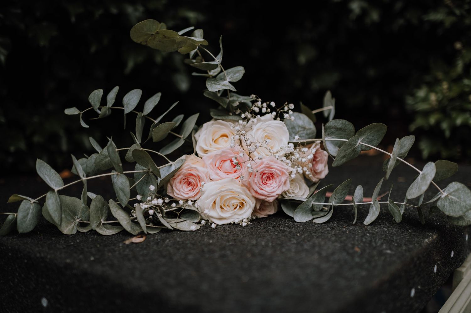 Pink roses and eucalyptus branches arranged on dark surface.